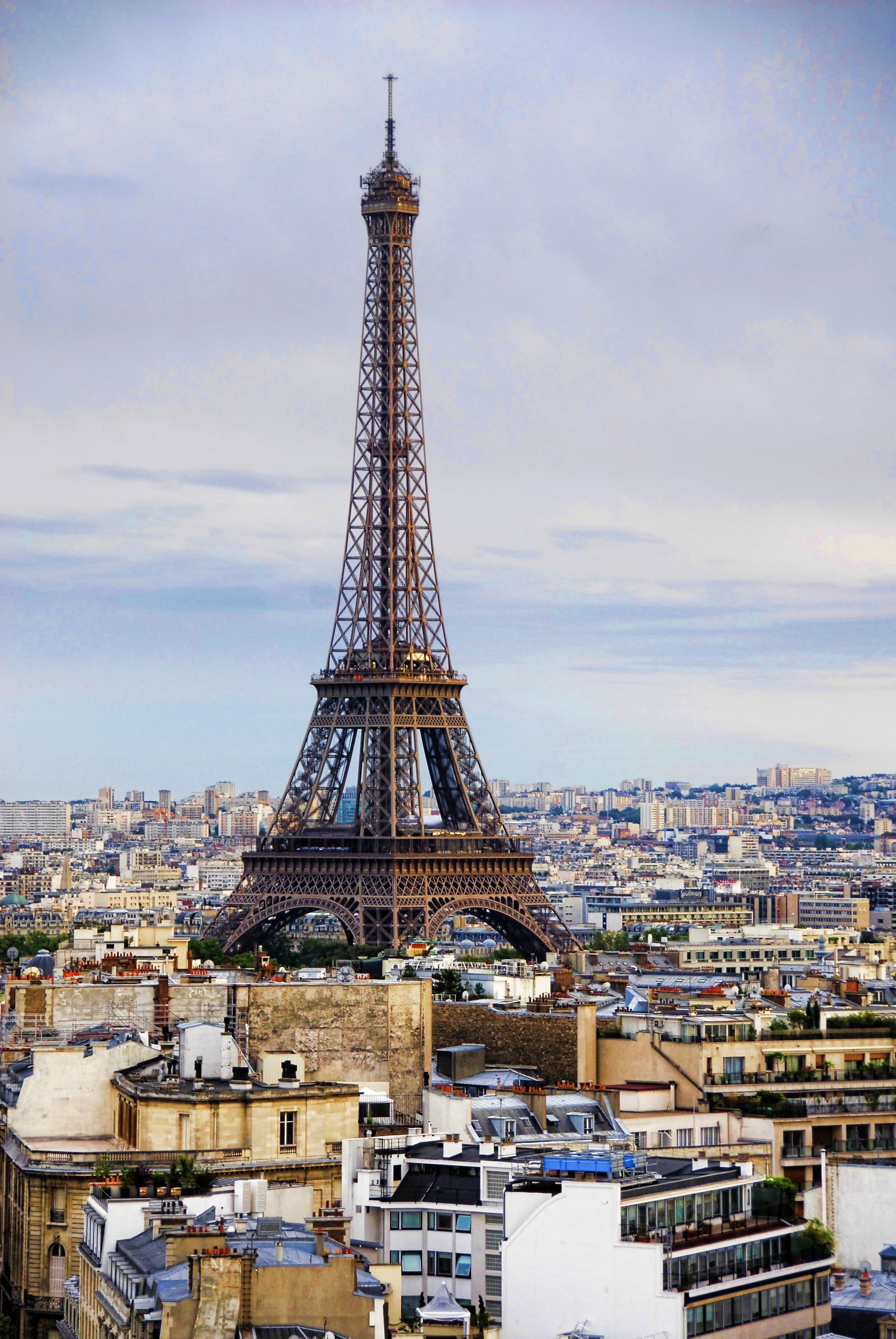 A full shot of Eifel tower surrounded with houses