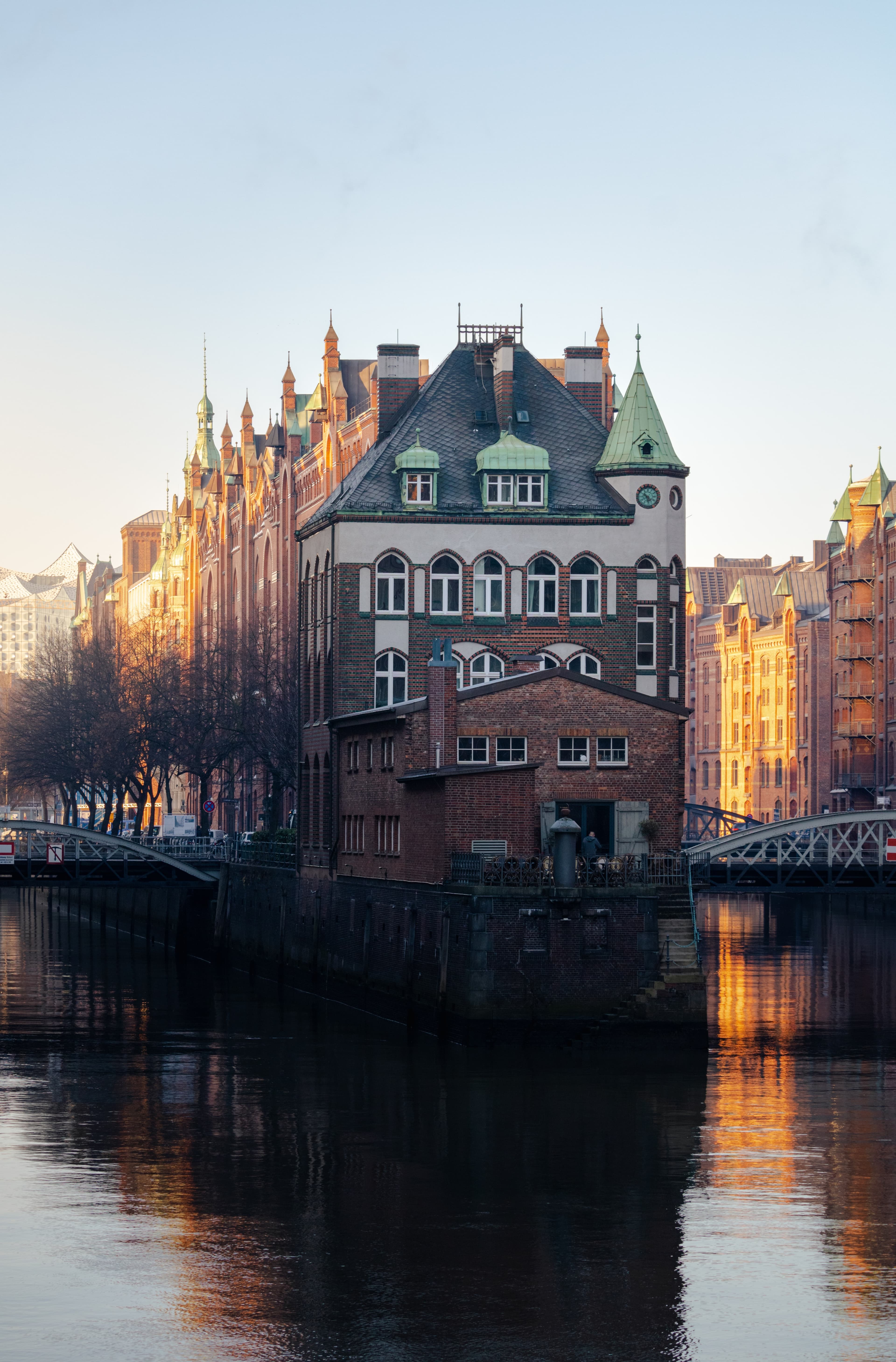 City buildings beside the river in Hamburg, Northern Germany.