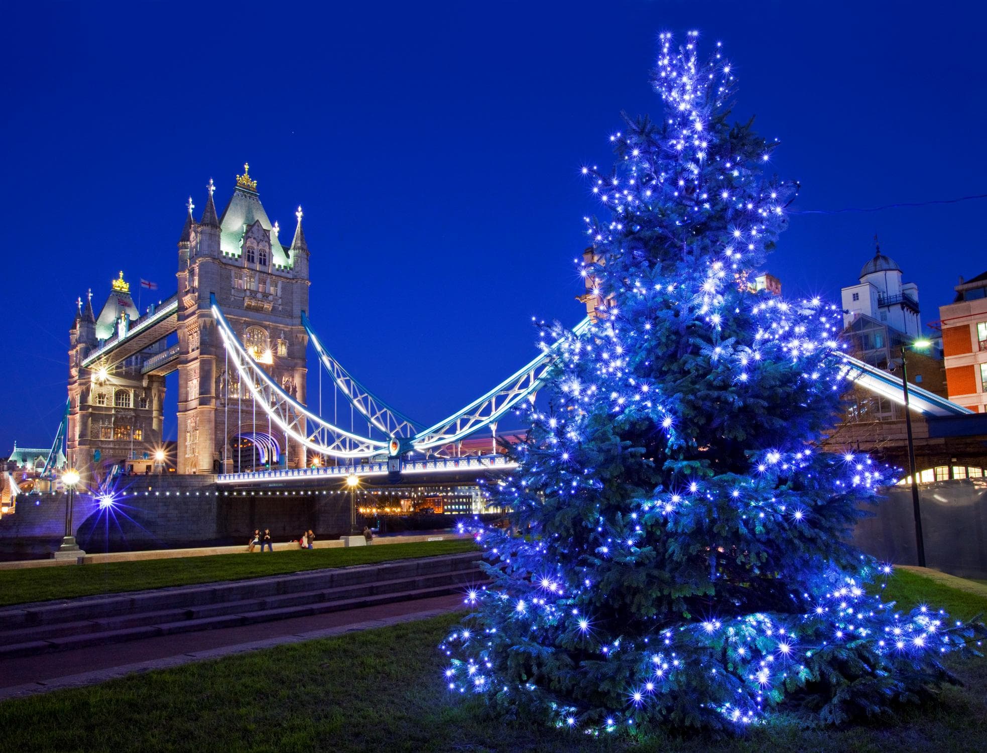 Lightining on the london bridge and tree lit up with blue lights