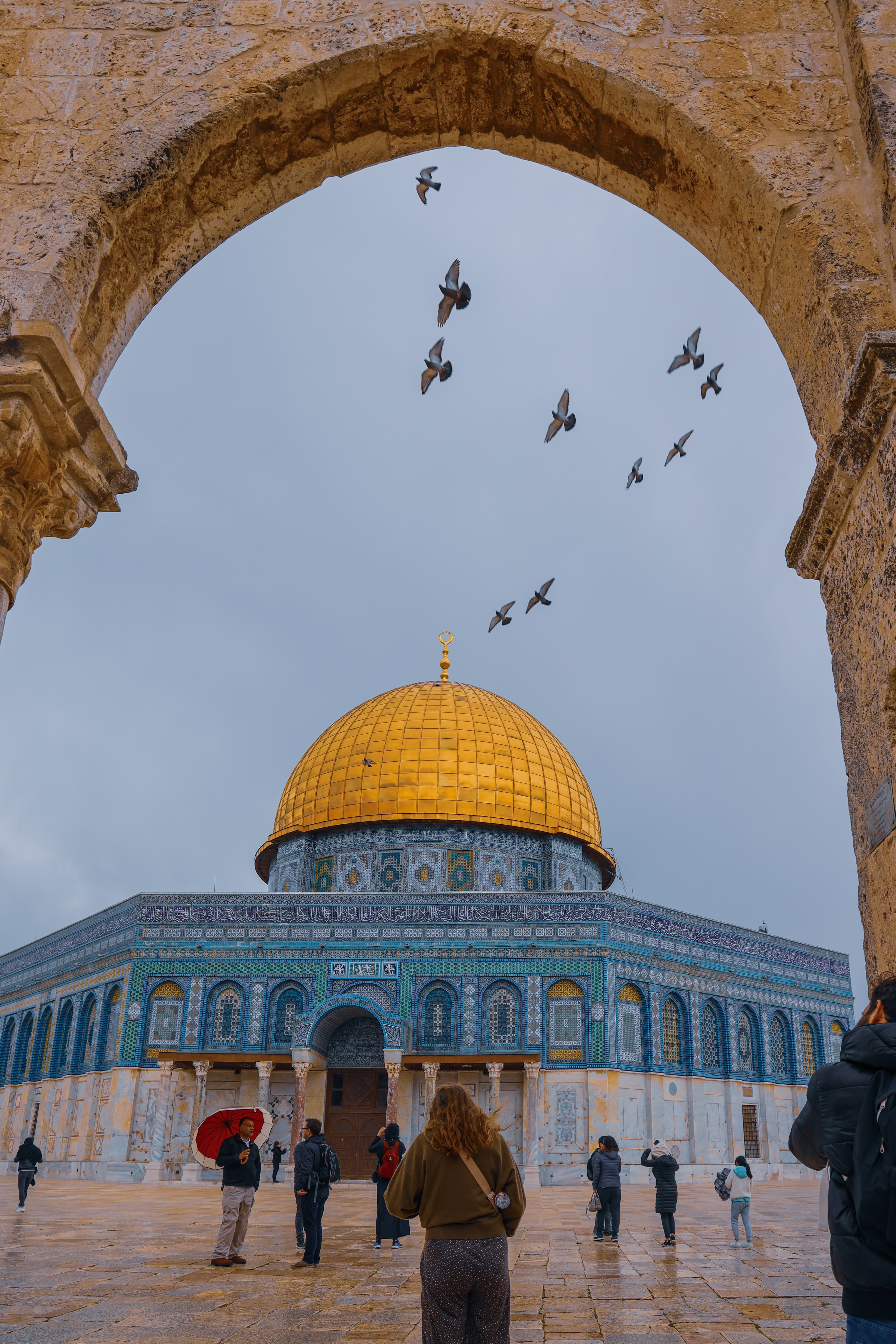 birds flying above gold dome during daytime