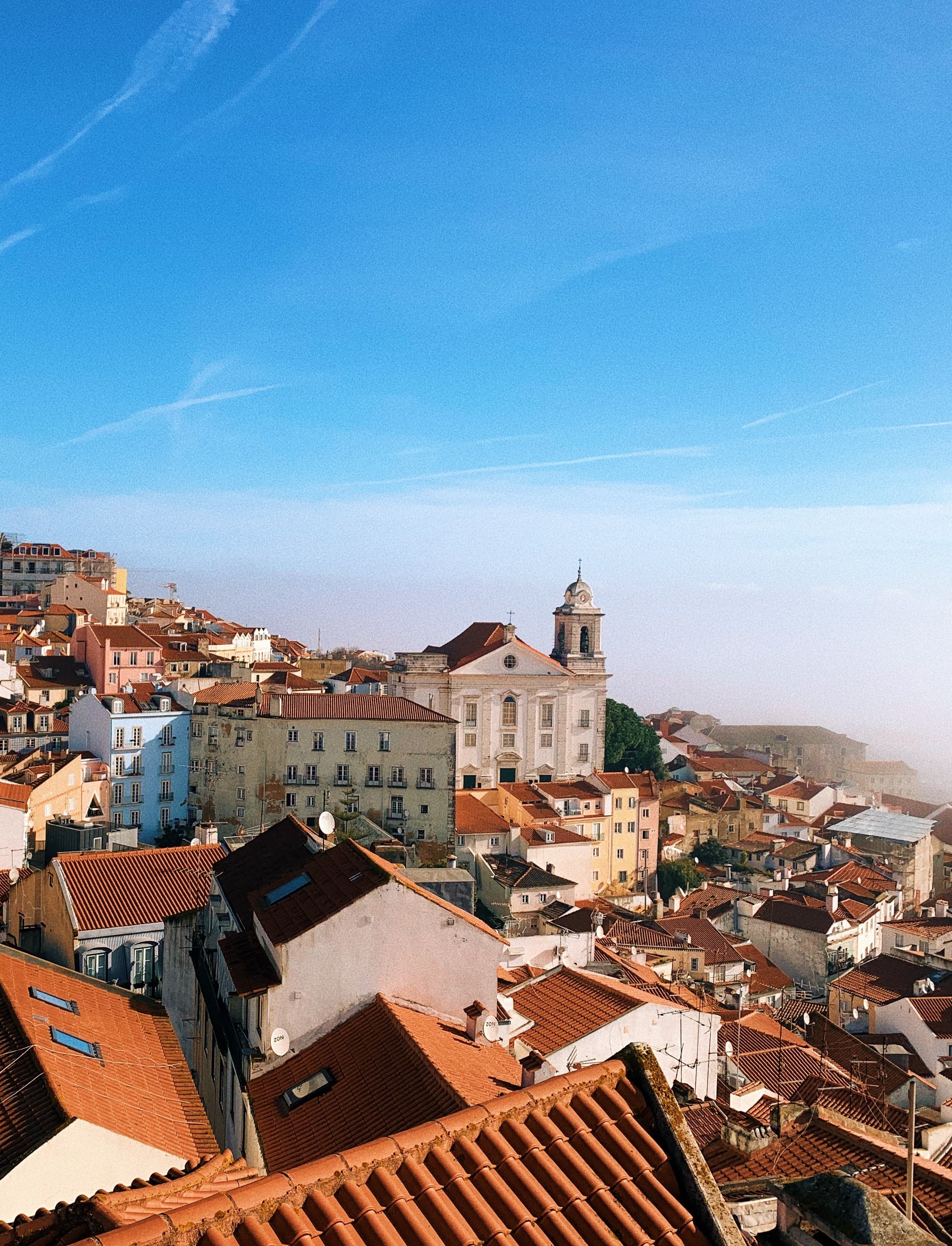 An aerial view of city buildings with orange roofs