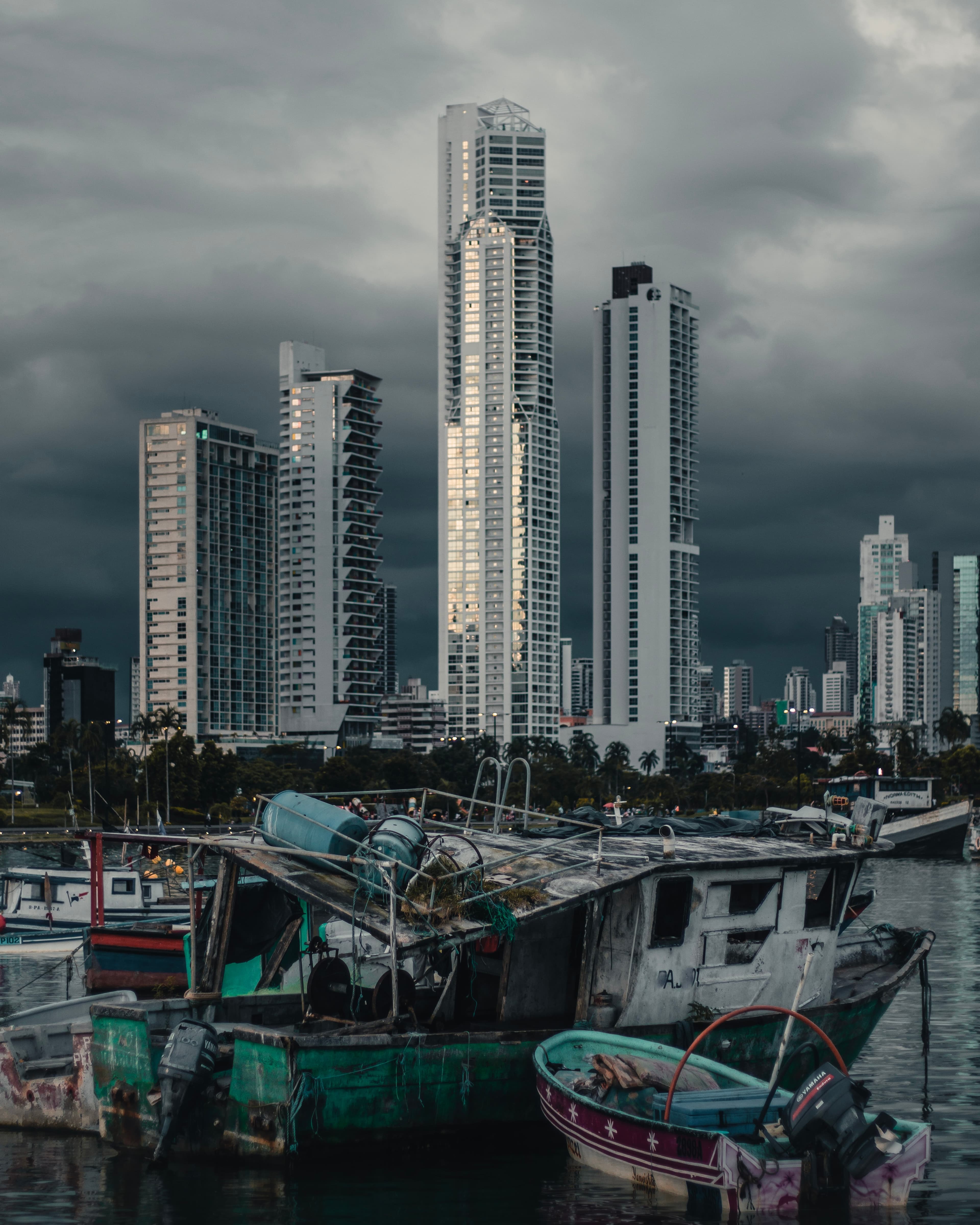 Panama City skyline framed by old fishermen's boats.