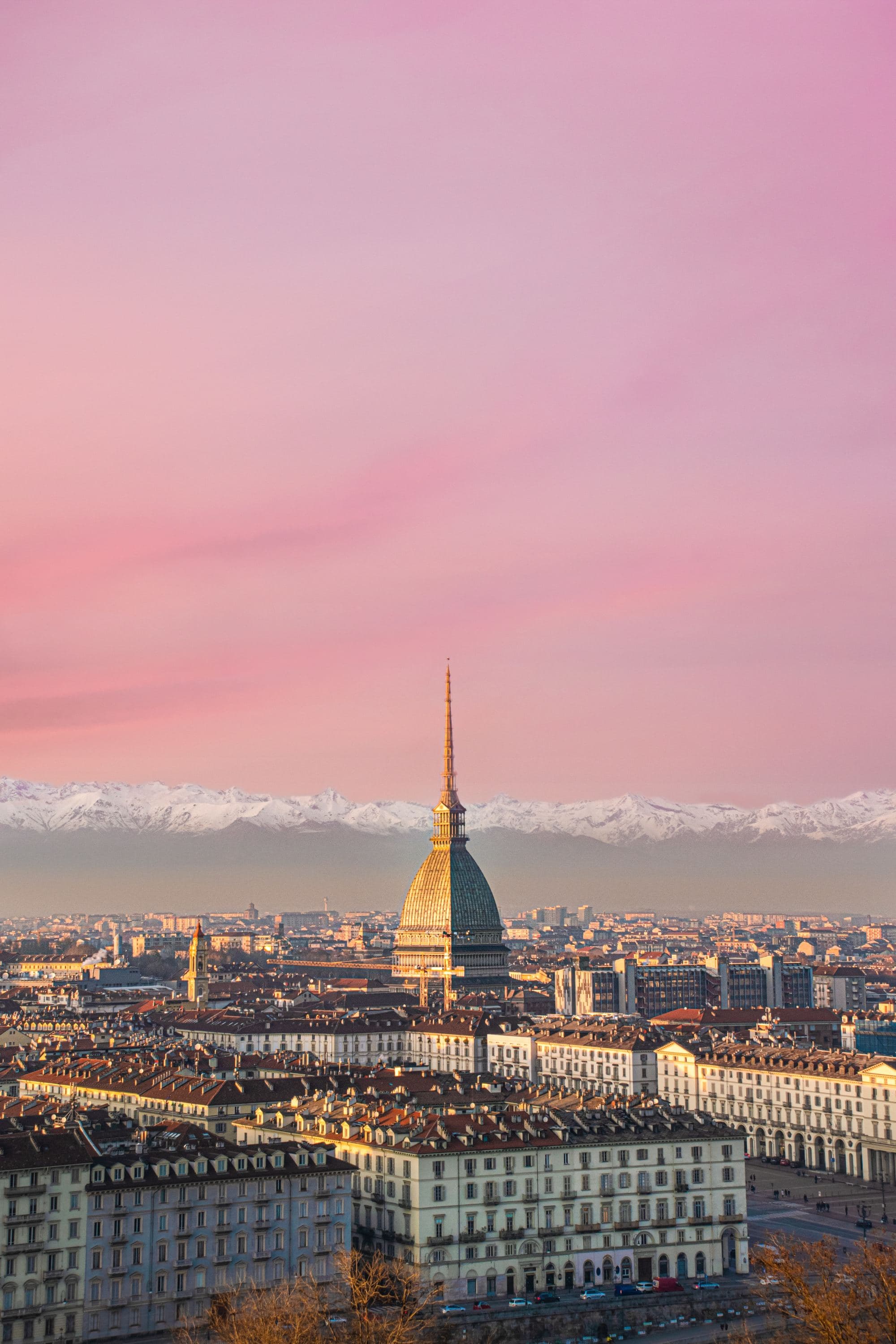 An aerial view of the city during evening hours