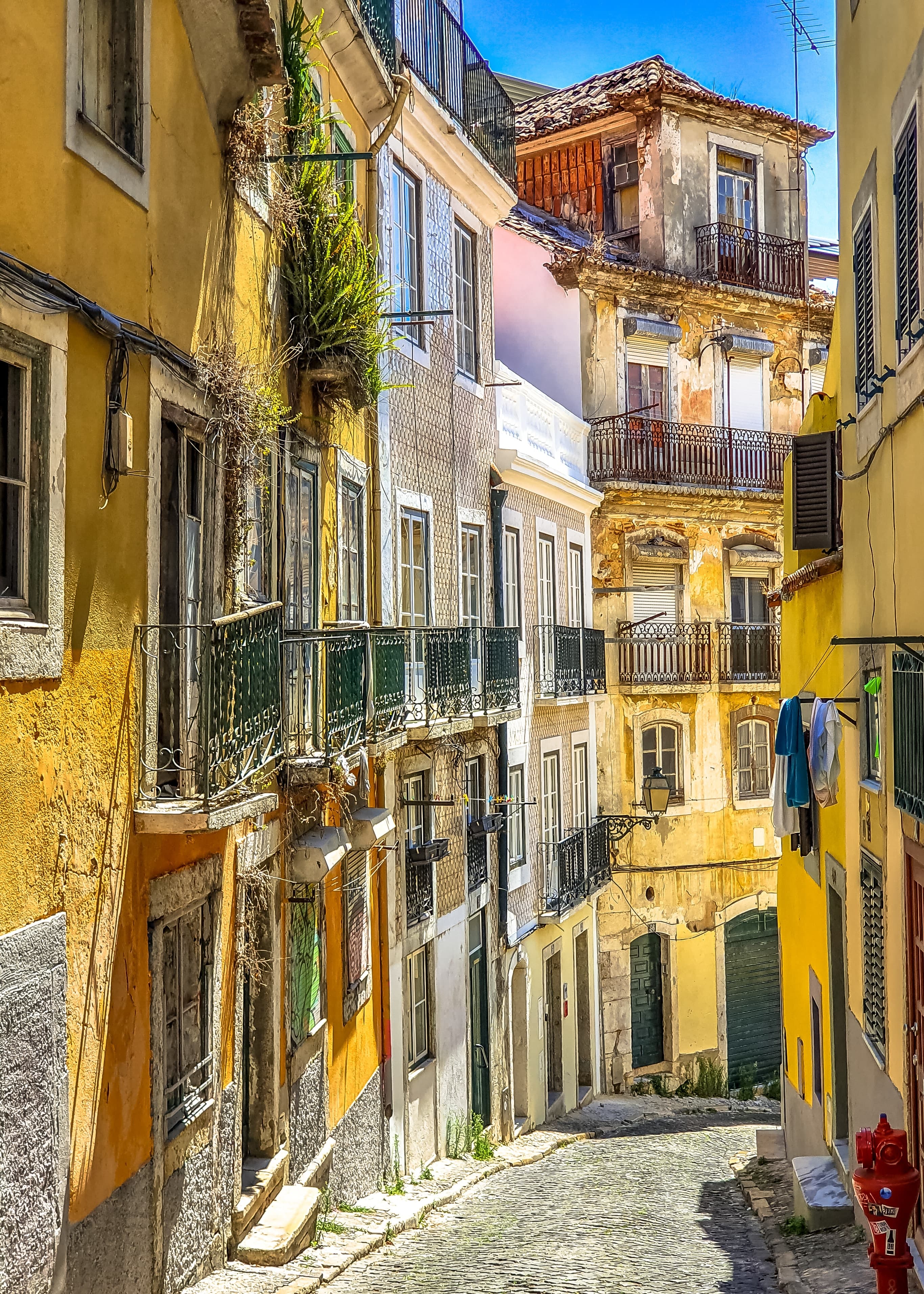 Colorful buildings and street in Lisbon, Portugal.