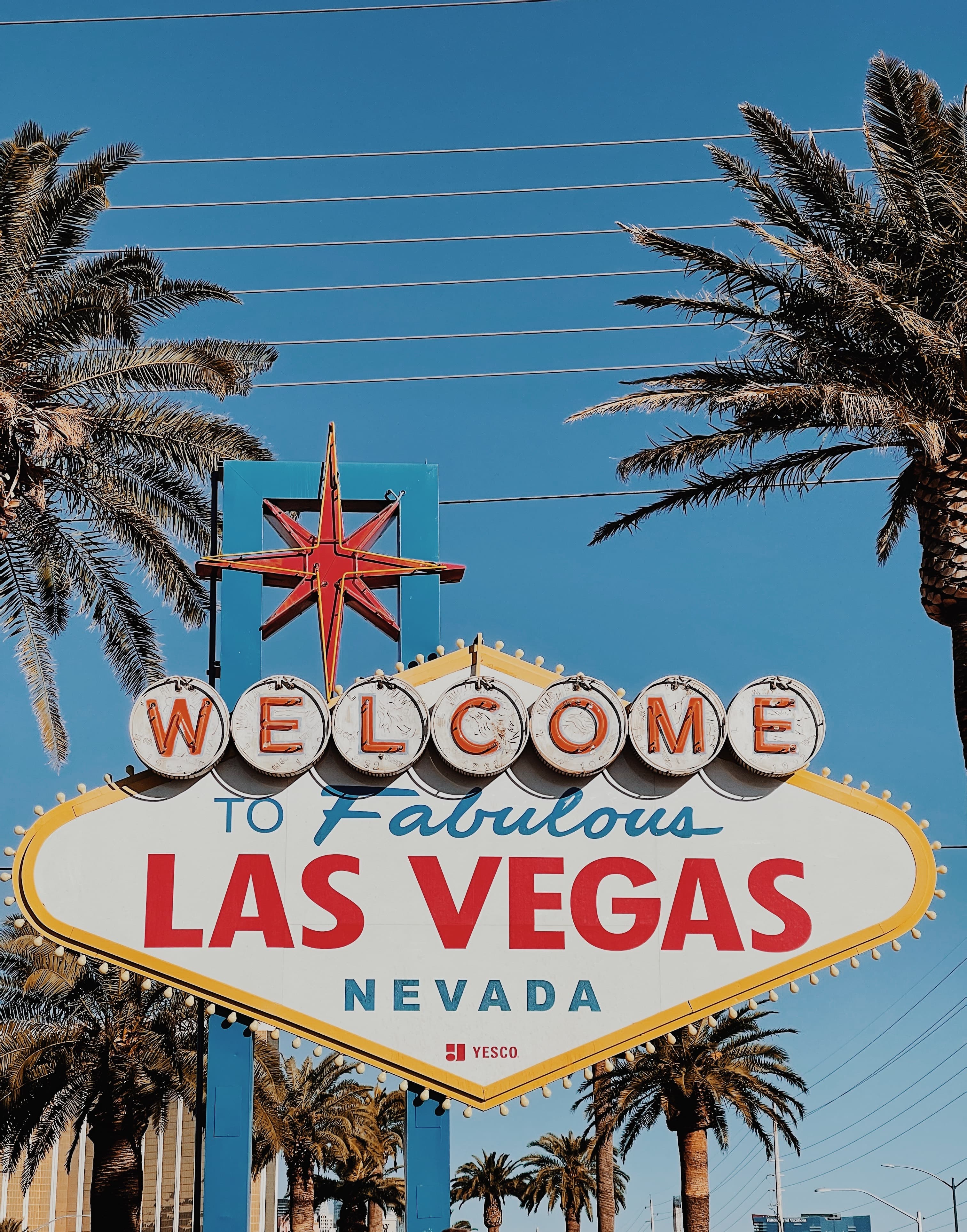 A sign board in between 2 palm trees with writing LAS VEGAS.