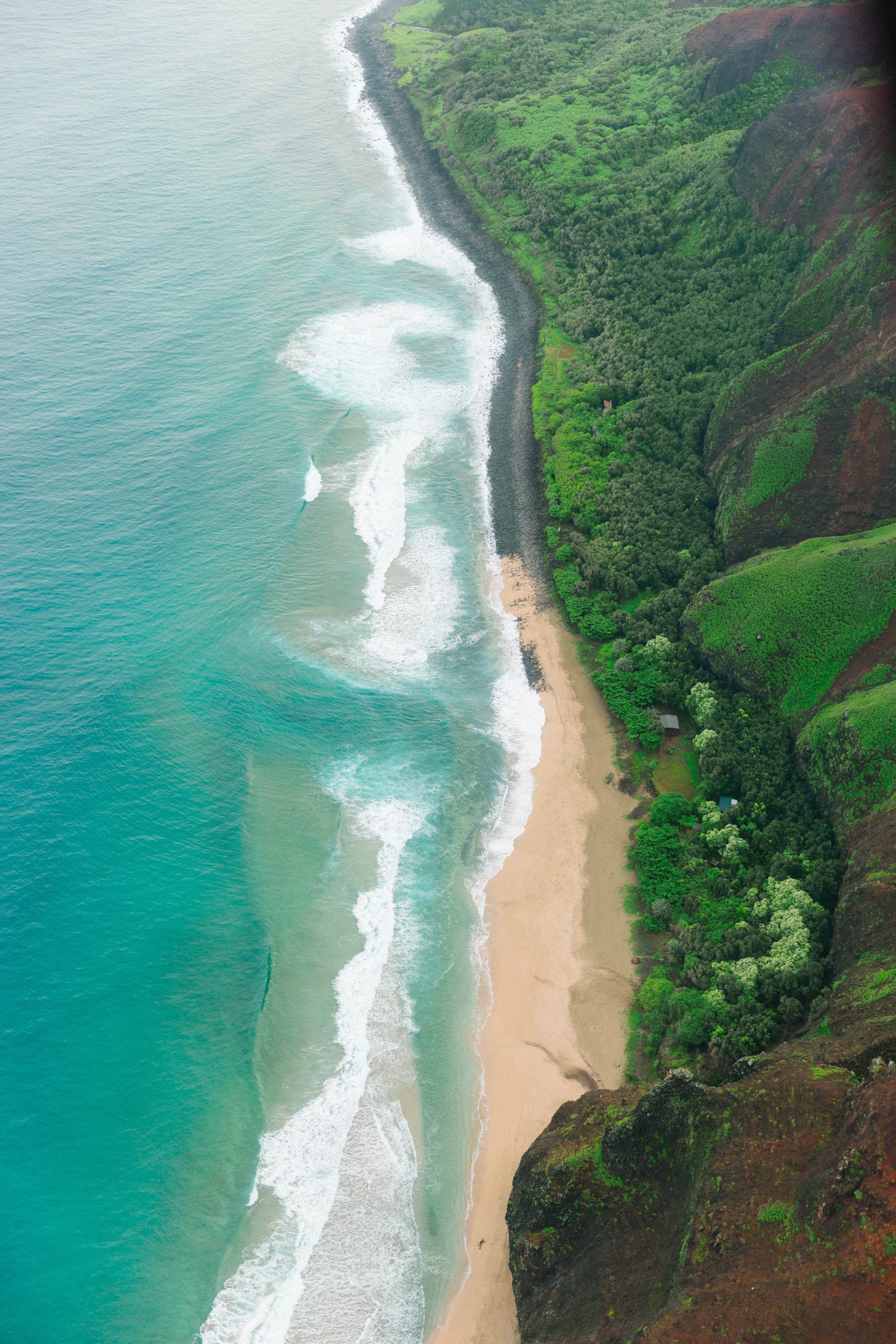 Aerial view of ocean and beach next to green mountain during daytime