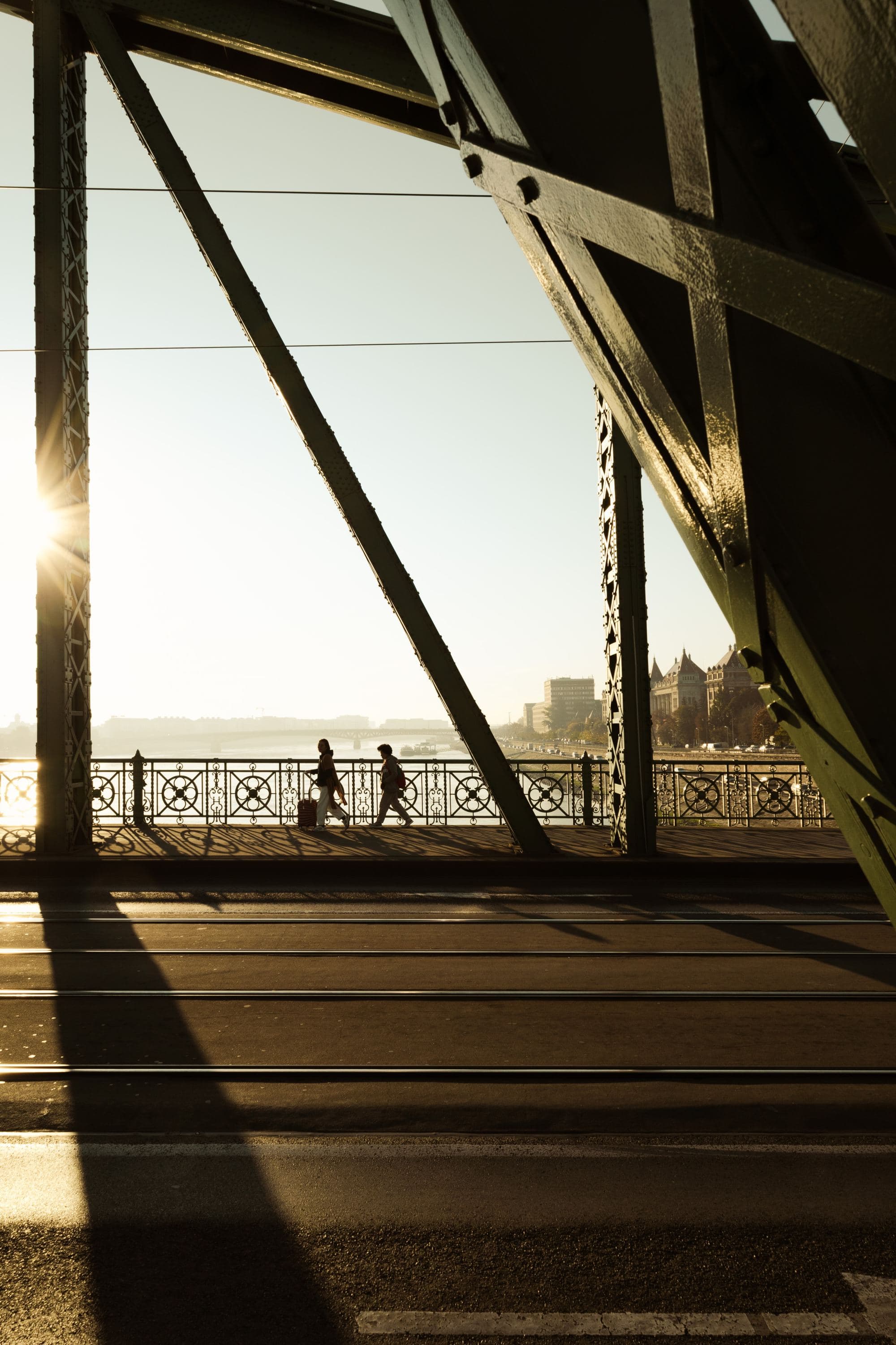 sillouette of a bridge on a wide river of a city