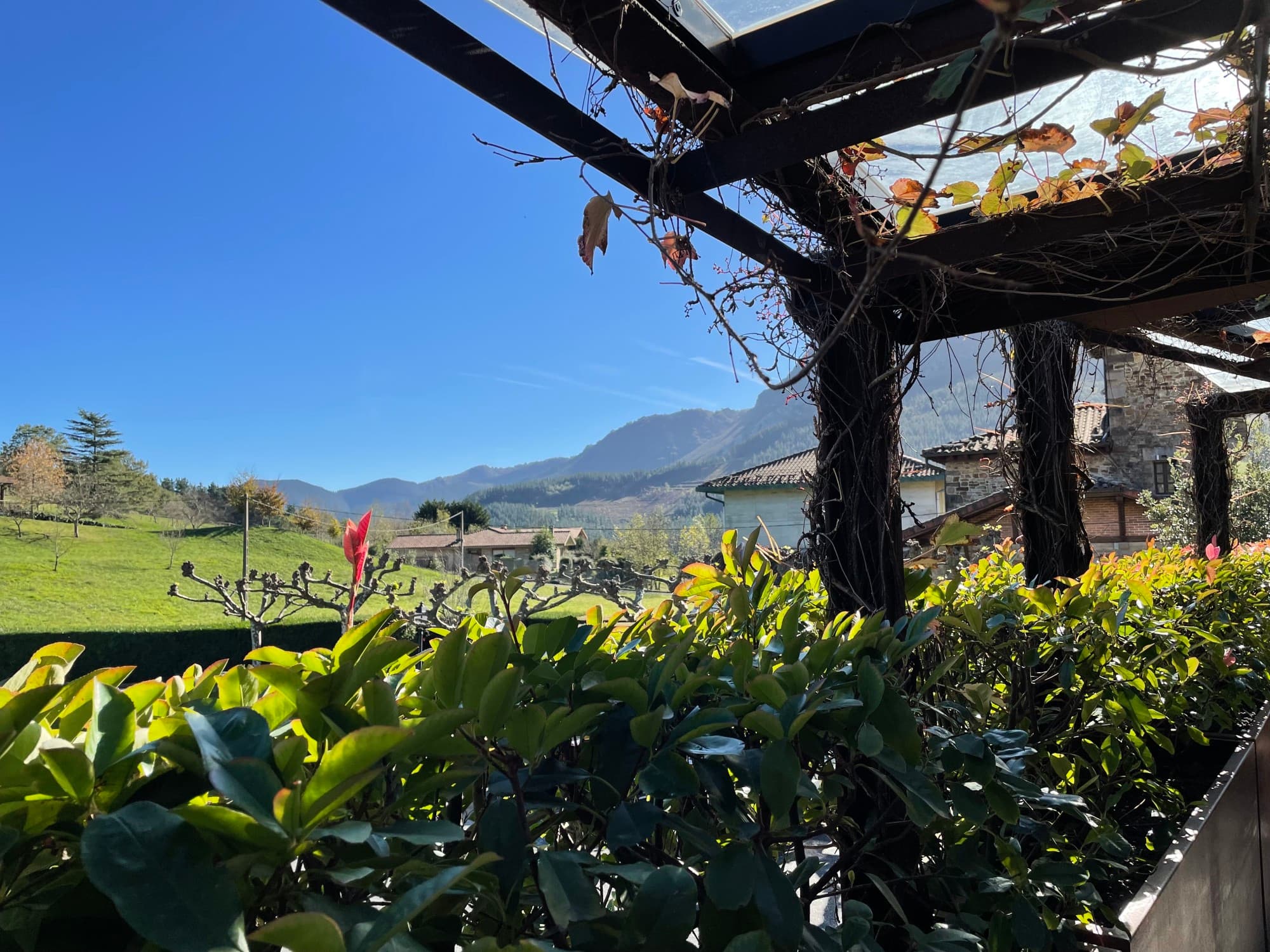 view of rolling green hills and fields on a sunny day from under a wooden trellis