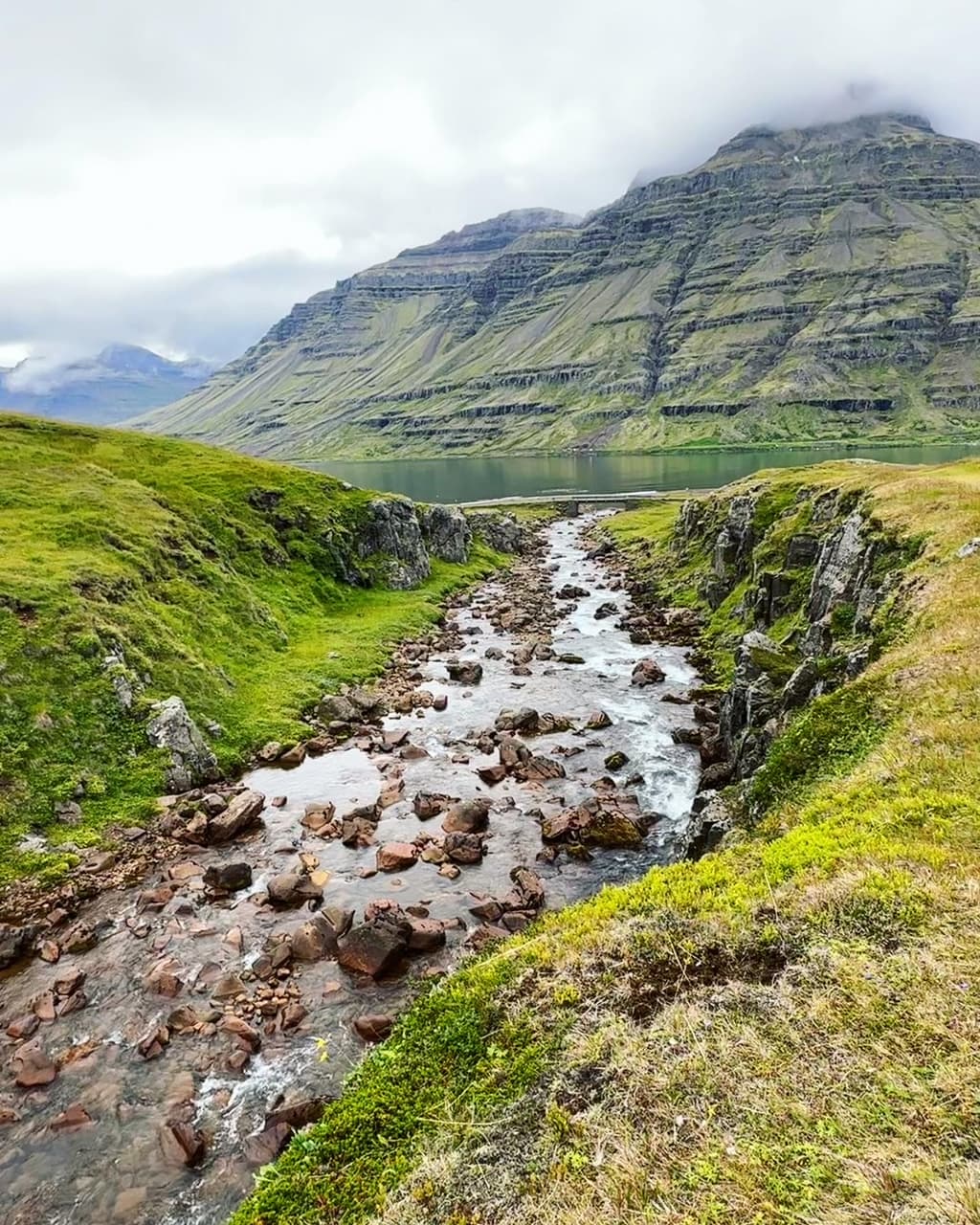 A river flowing in front of a mountain.