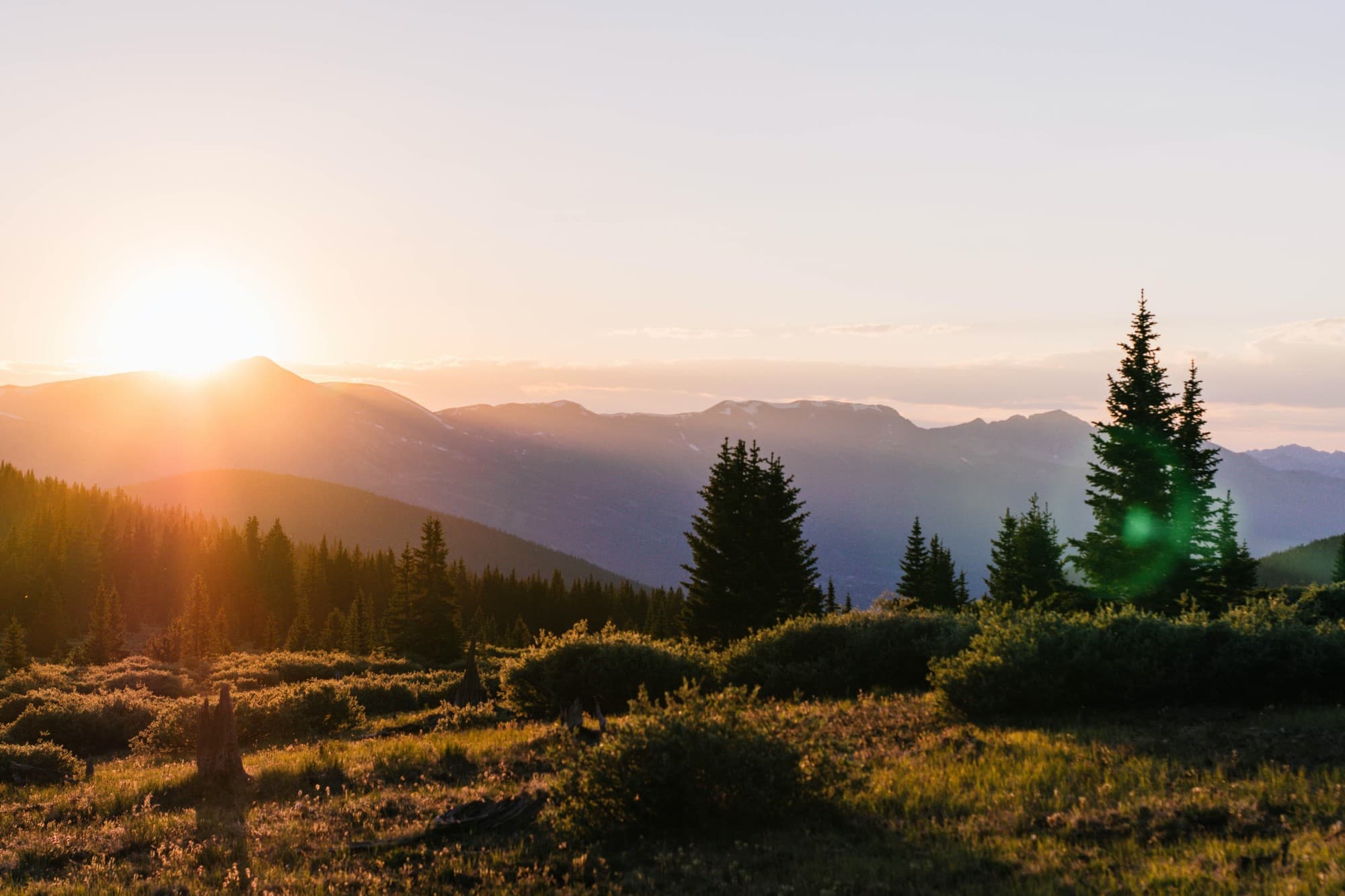 Green hilly area with mountains at the back during sunset.