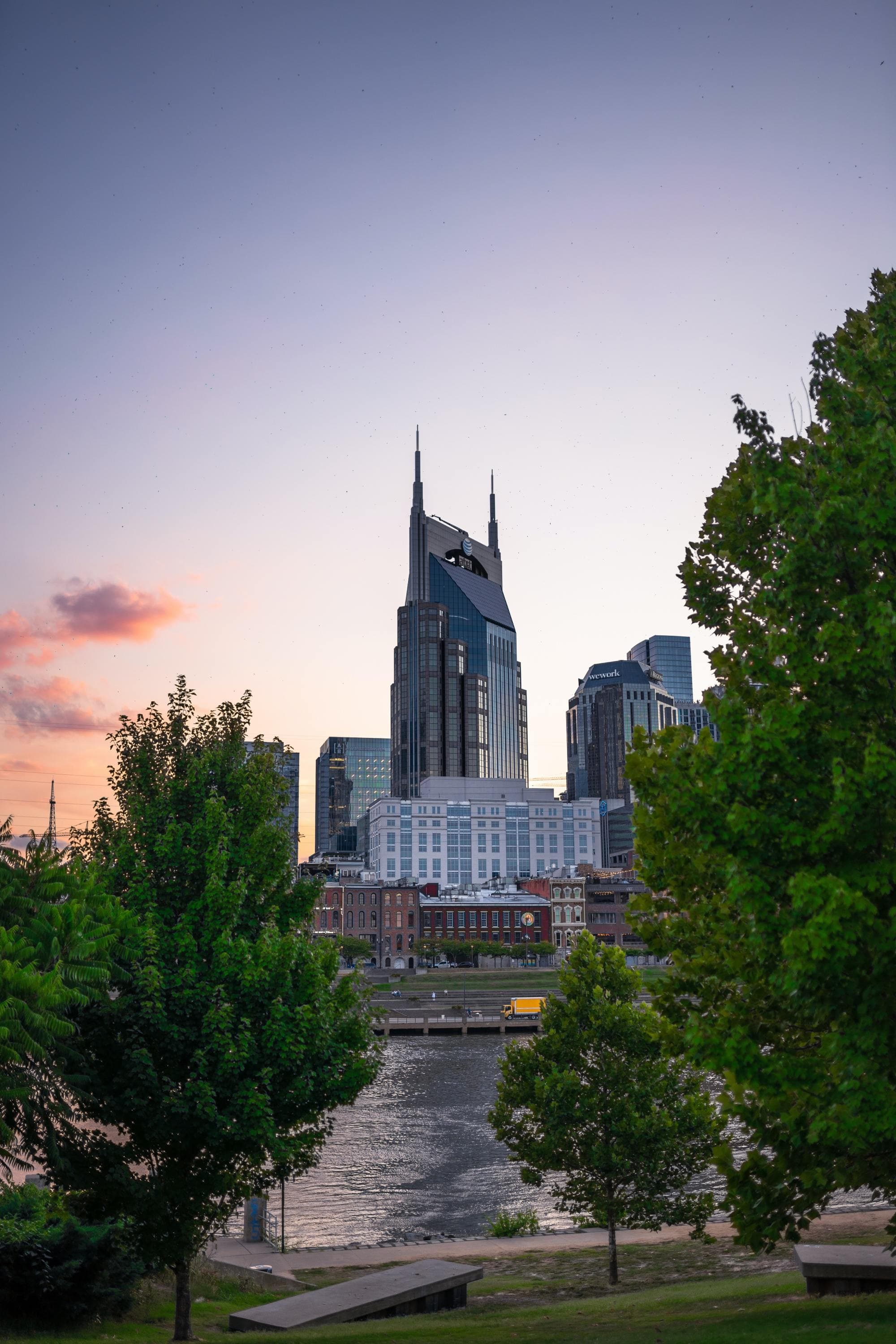 City buildings near the river.