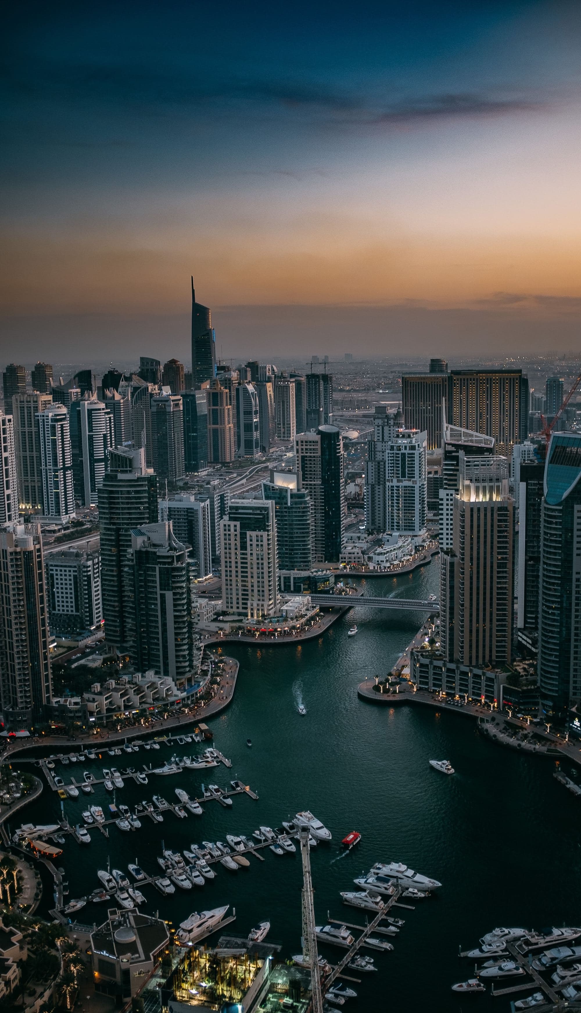 modern city on the water at sunset with skyscrapers and an active harbor