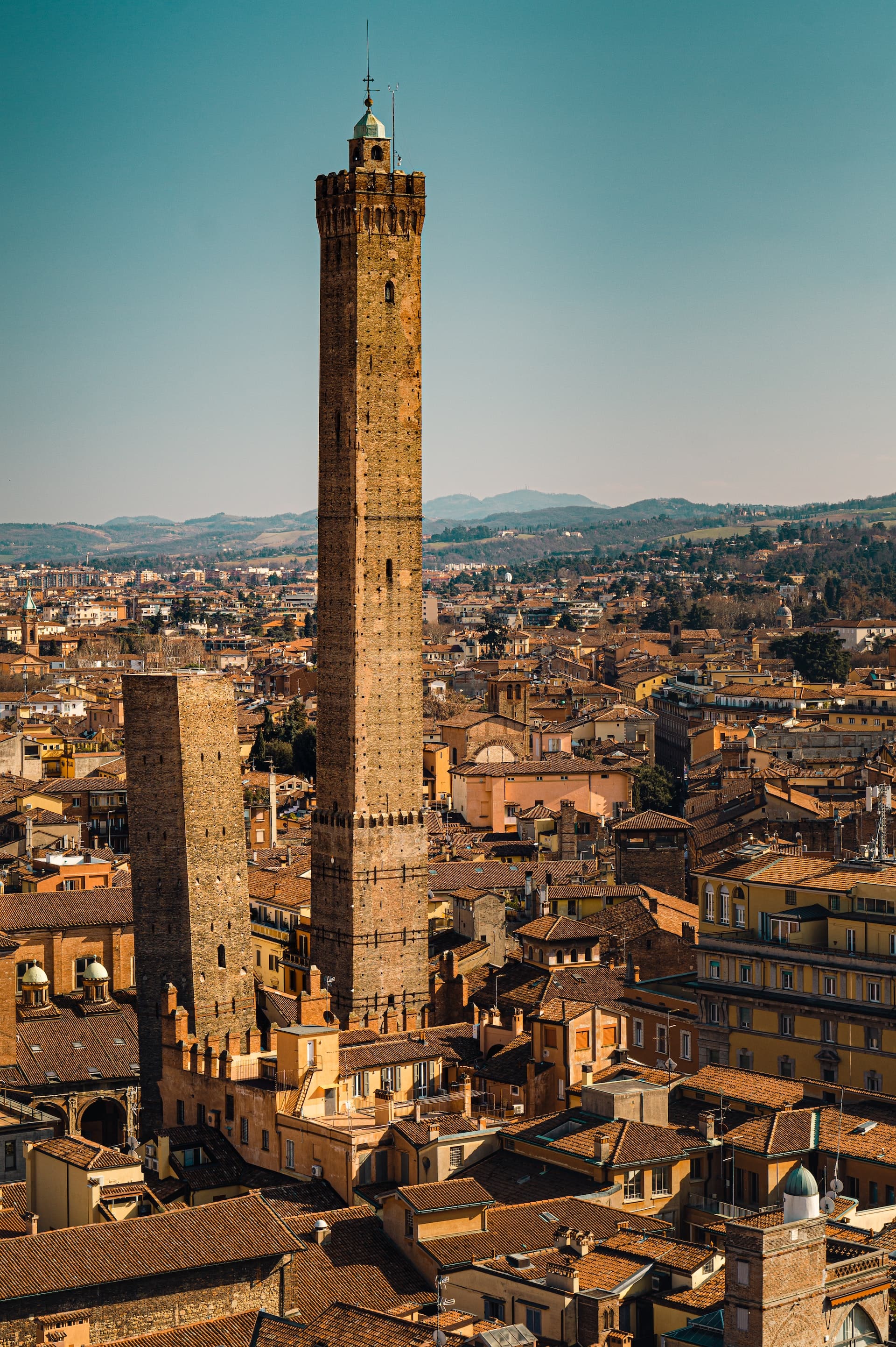 Aerial view of city buildings in Bologna.