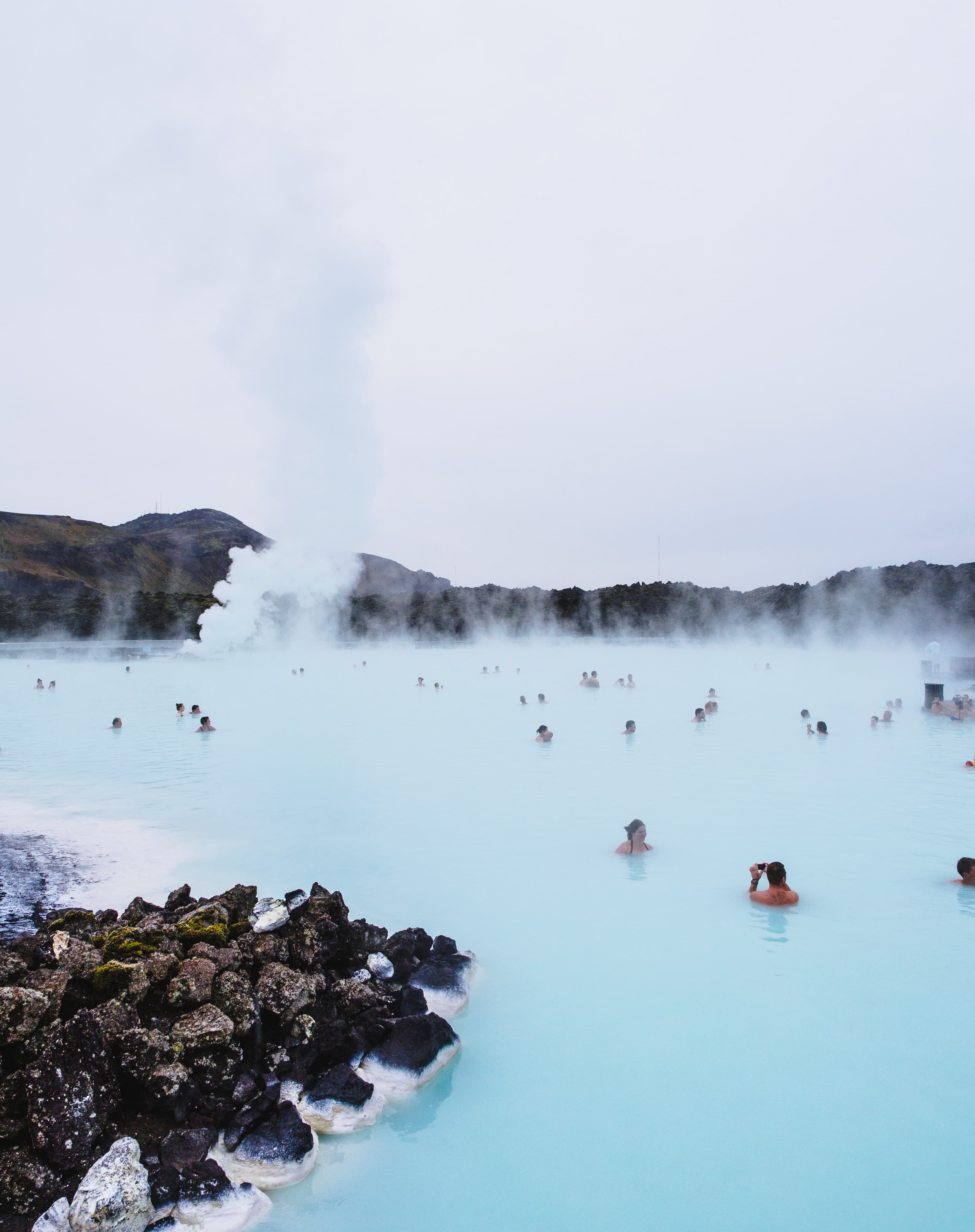 The Blue Lagoon filled with people in Iceland.