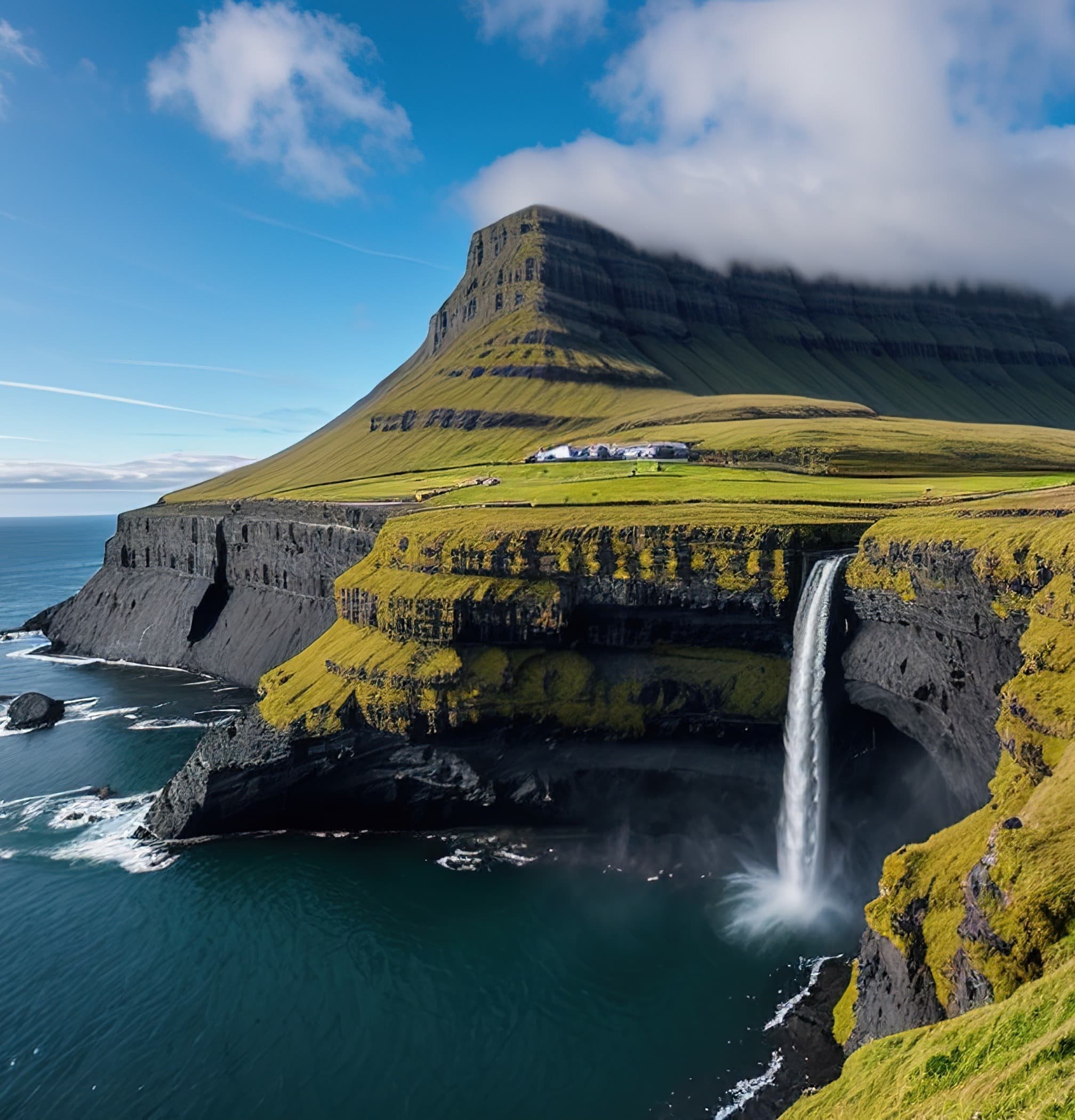 A cliffside scene with grassy hills and a small waterfall