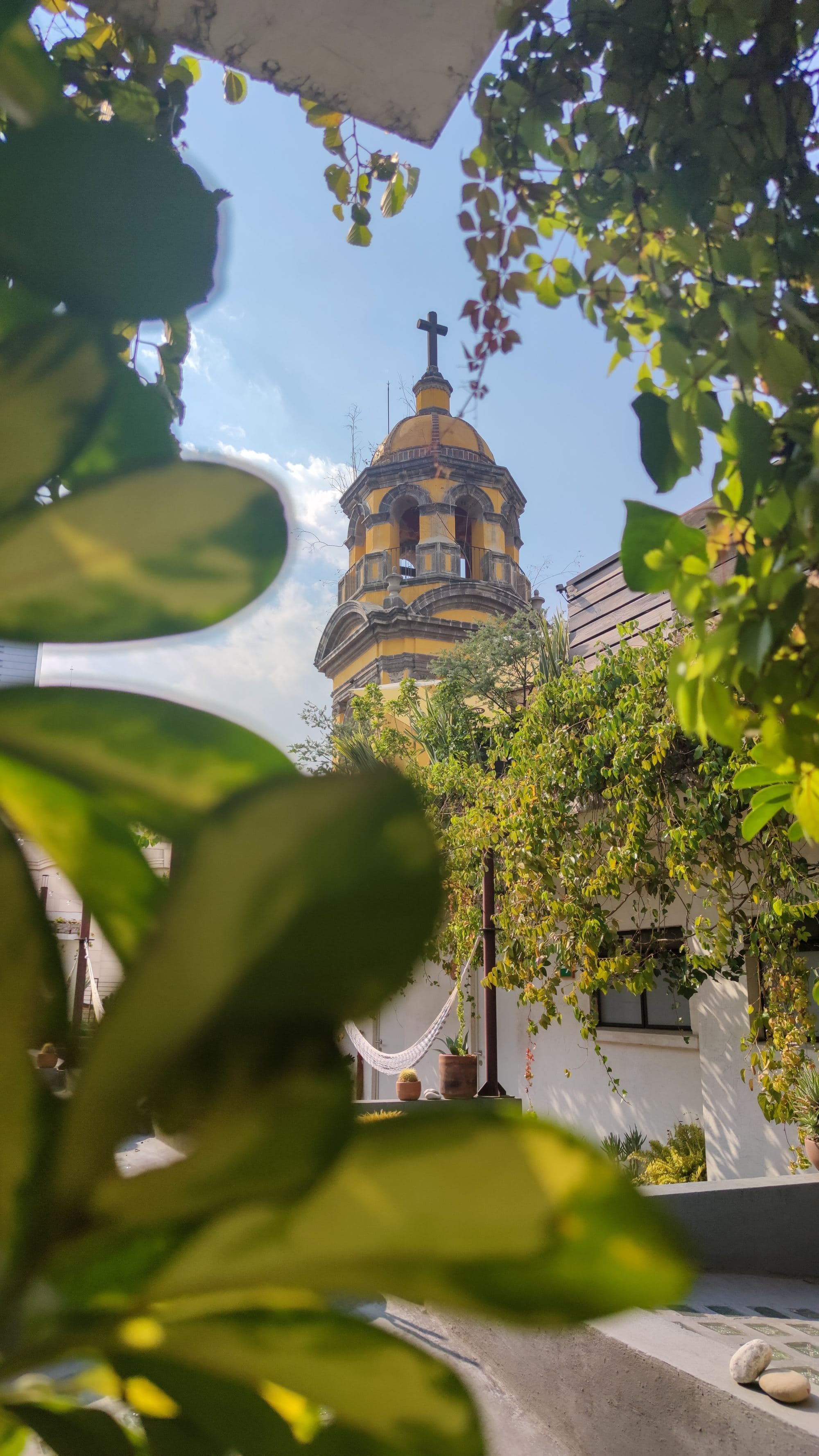 old church through trees in sunshine