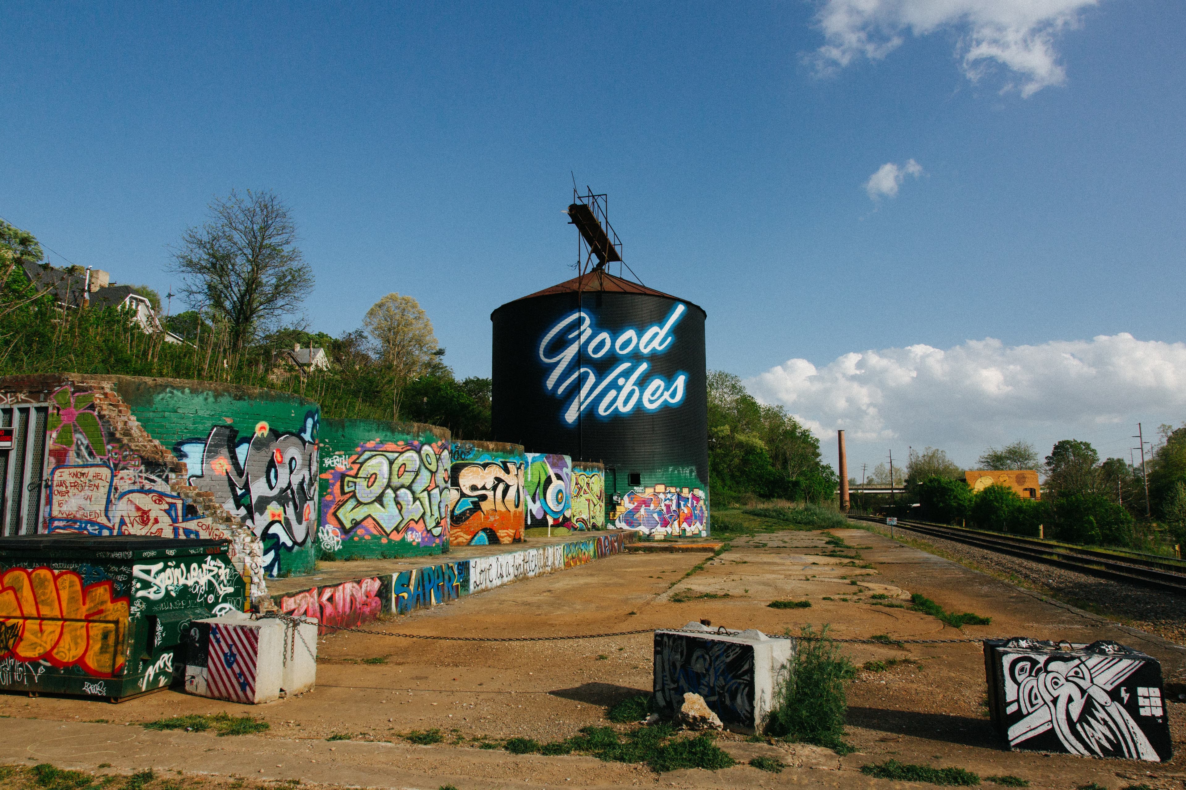 The river District with graffiti water tower in Asheville, SC.