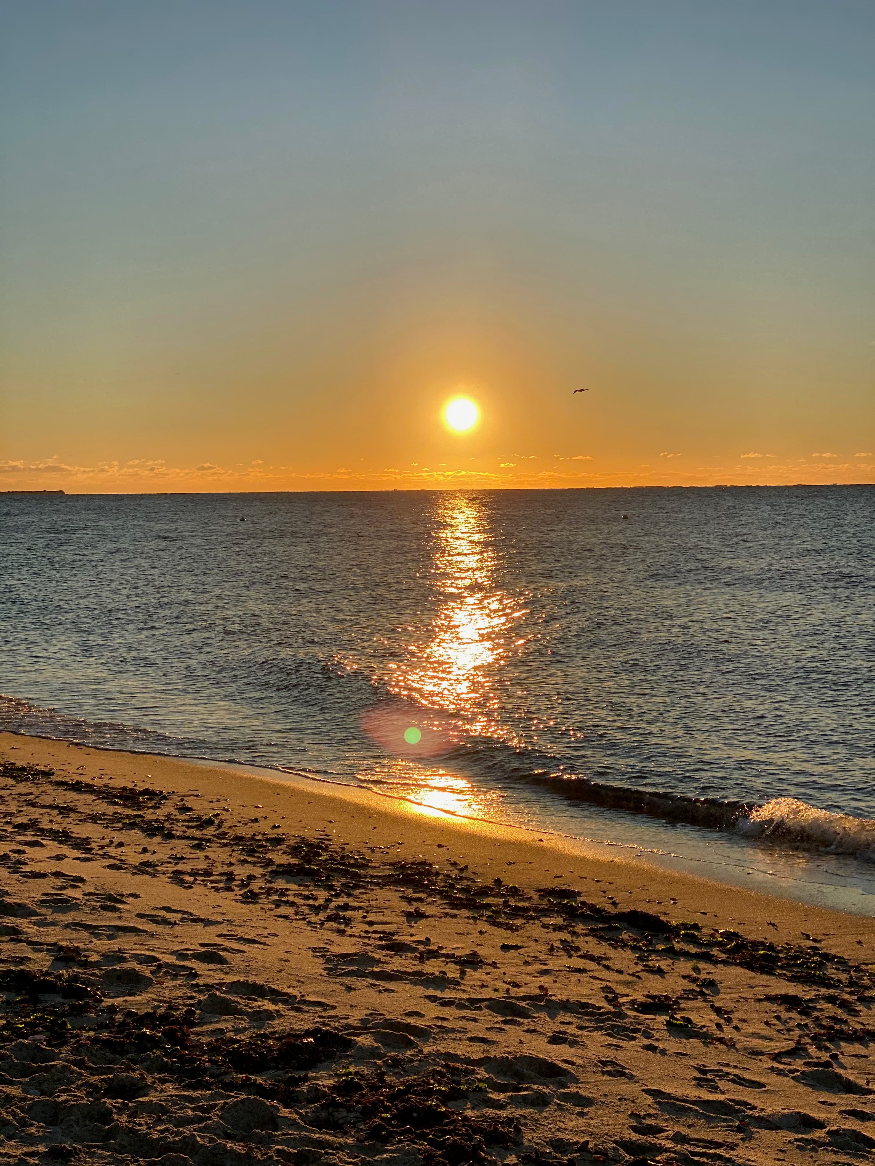 An ariel view of the beach at sunset.