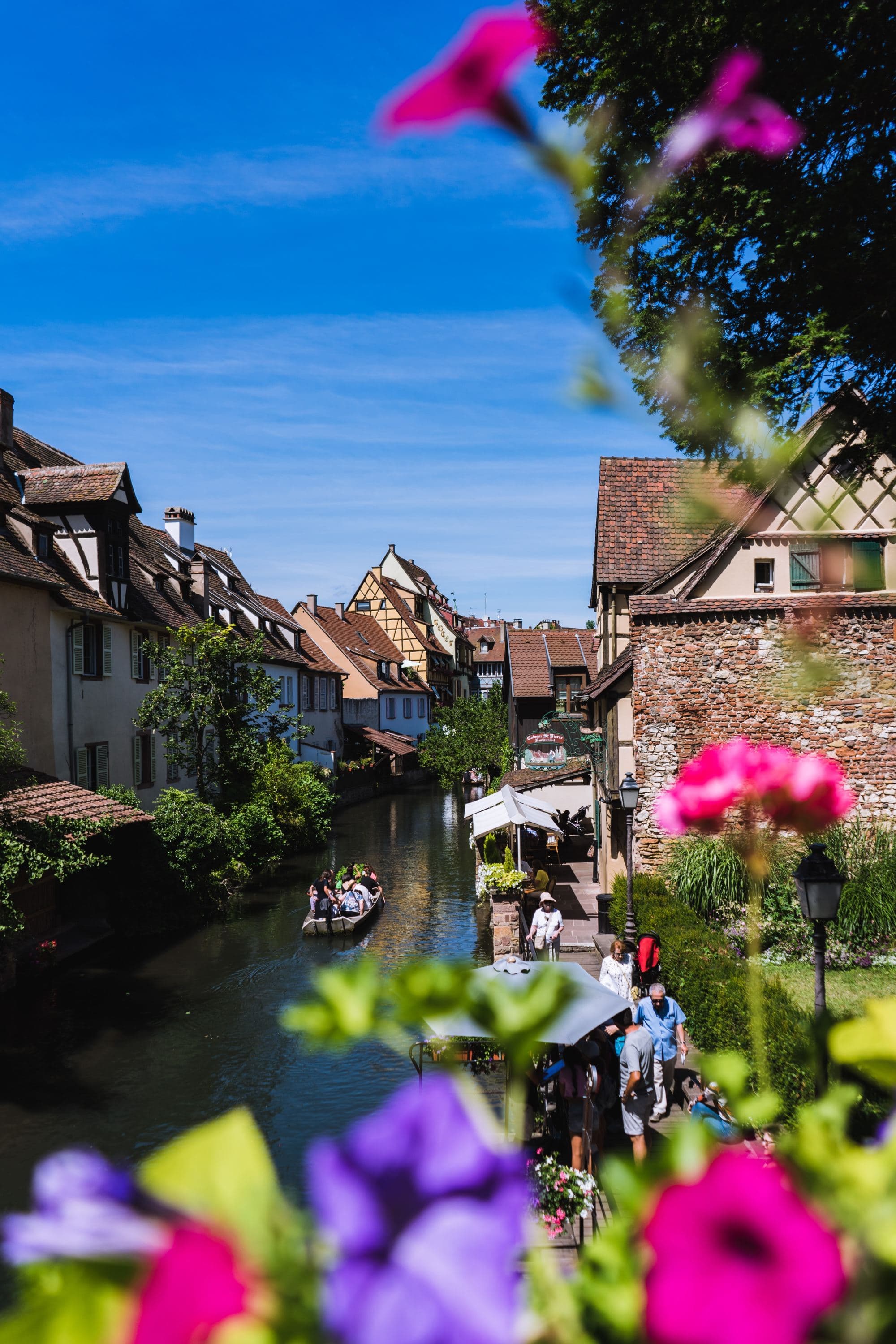 quaint village on a canal with pink flowers