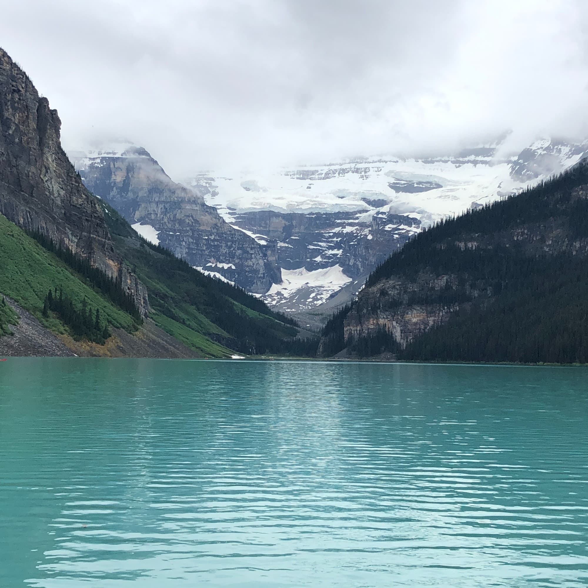 An aerial view of the Lake Louise during the daytime.