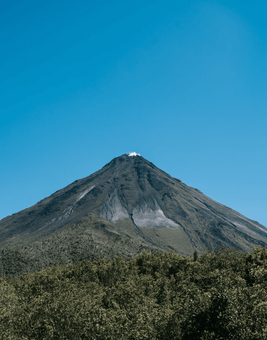 A large volcano surrounded by trees and blue sky.