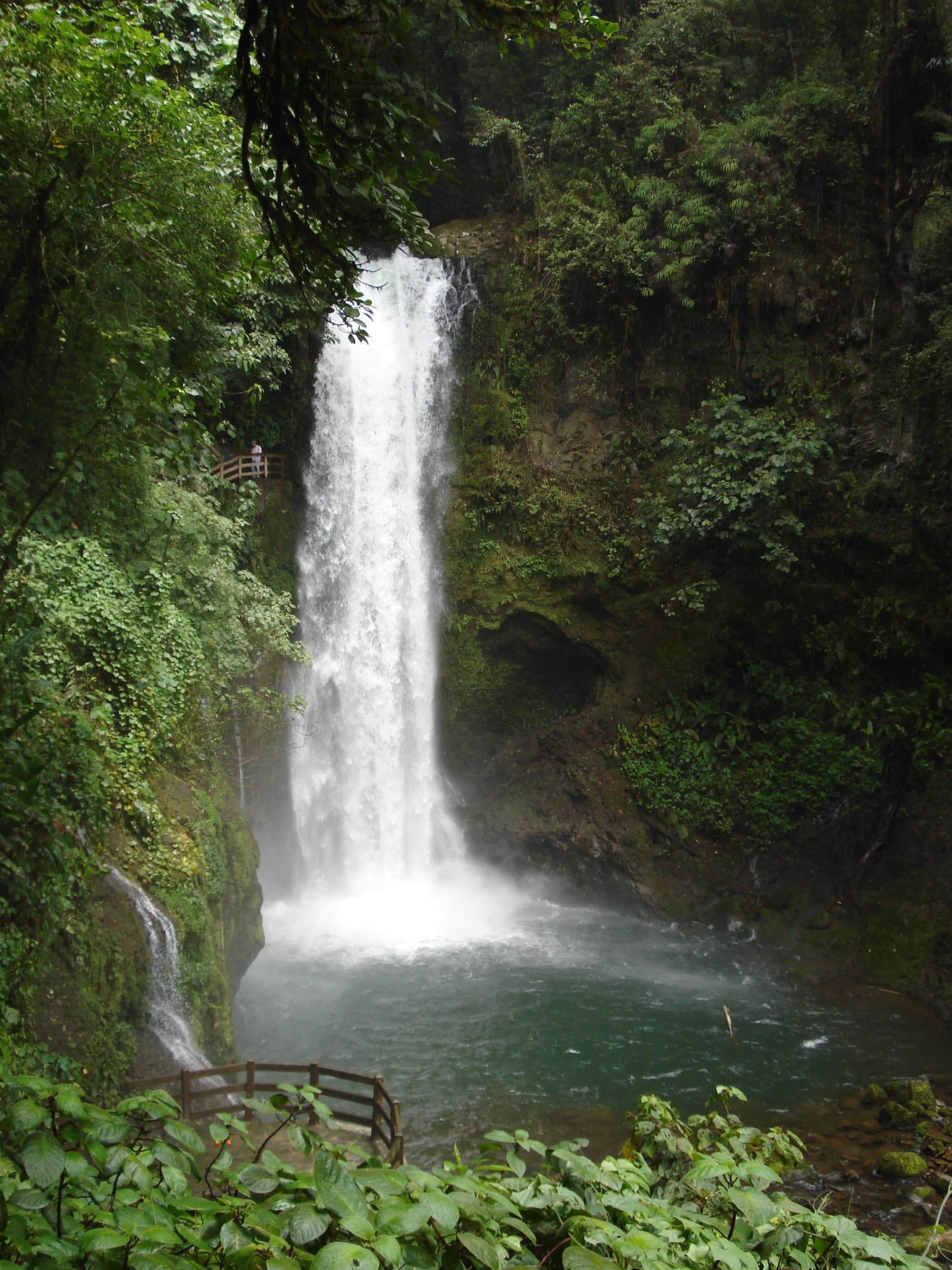 A picture of a beautiful waterfall surrounded by lush green forest.