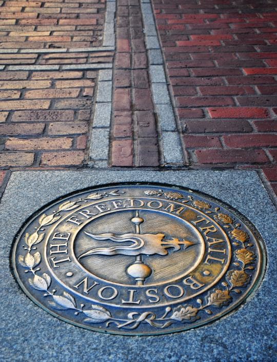 A medallion in a brick-layered road