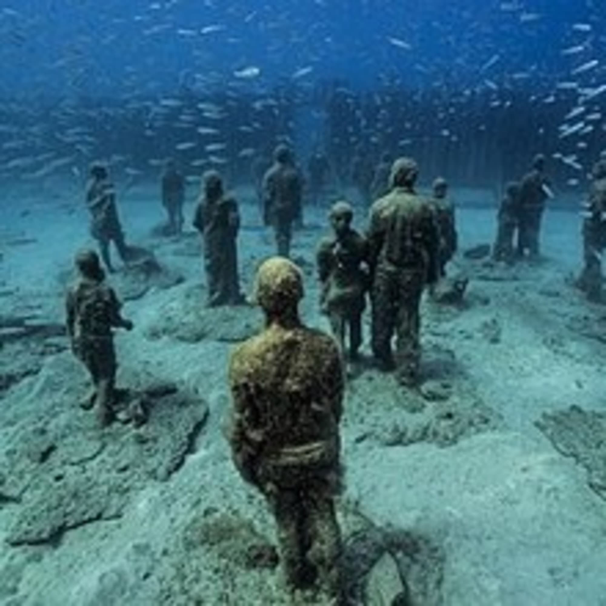 A group of underwater statues surrounded by schools of small fish creates a serene and otherworldly scene.