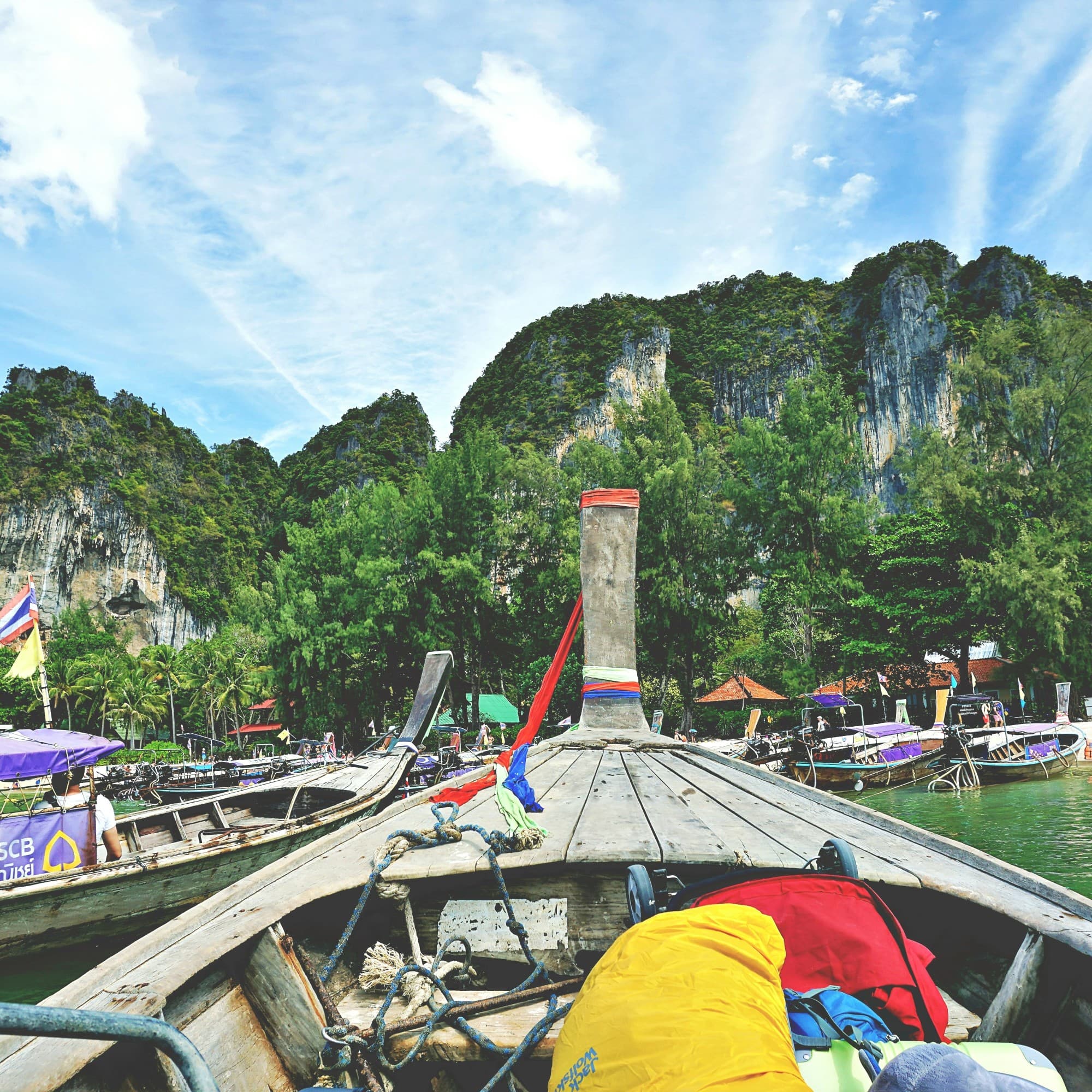 Boats docked on a tree-lined shore near mountains.