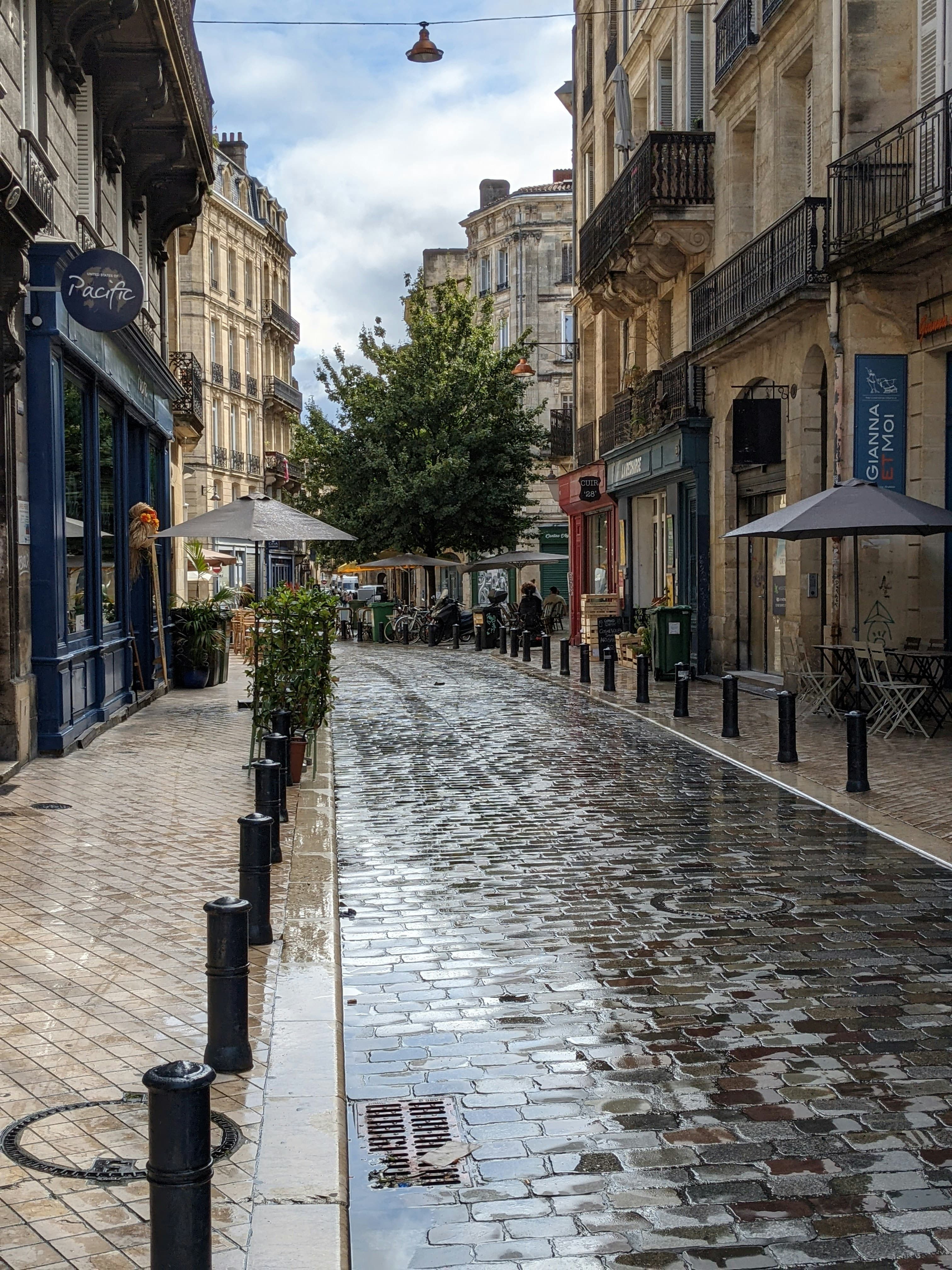 A view of a narrow street in Bordeaux, France on a rainy day.