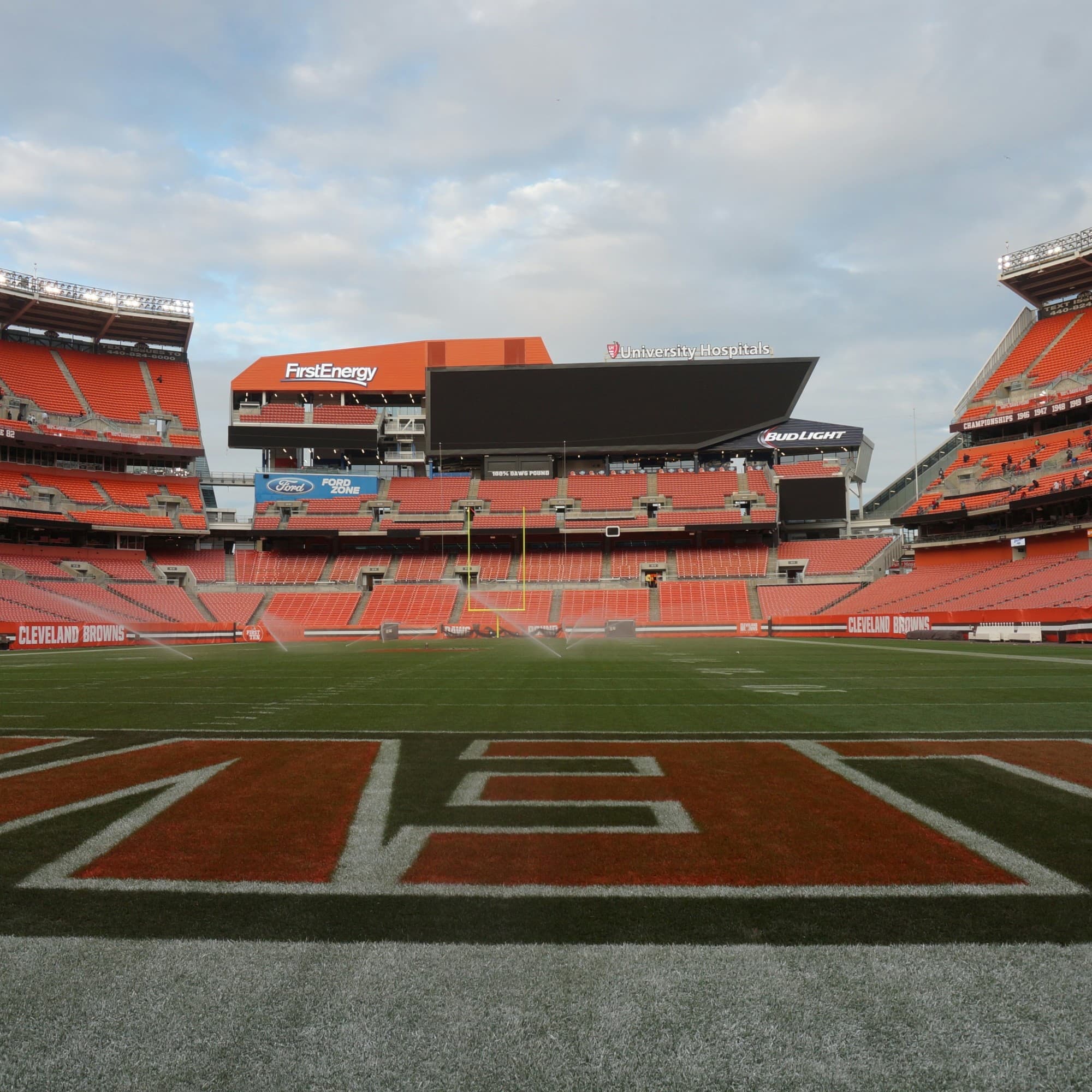 The image presents an empty FirstEnergy Stadium from field level, highlighting the end zone and stands with visible branding.