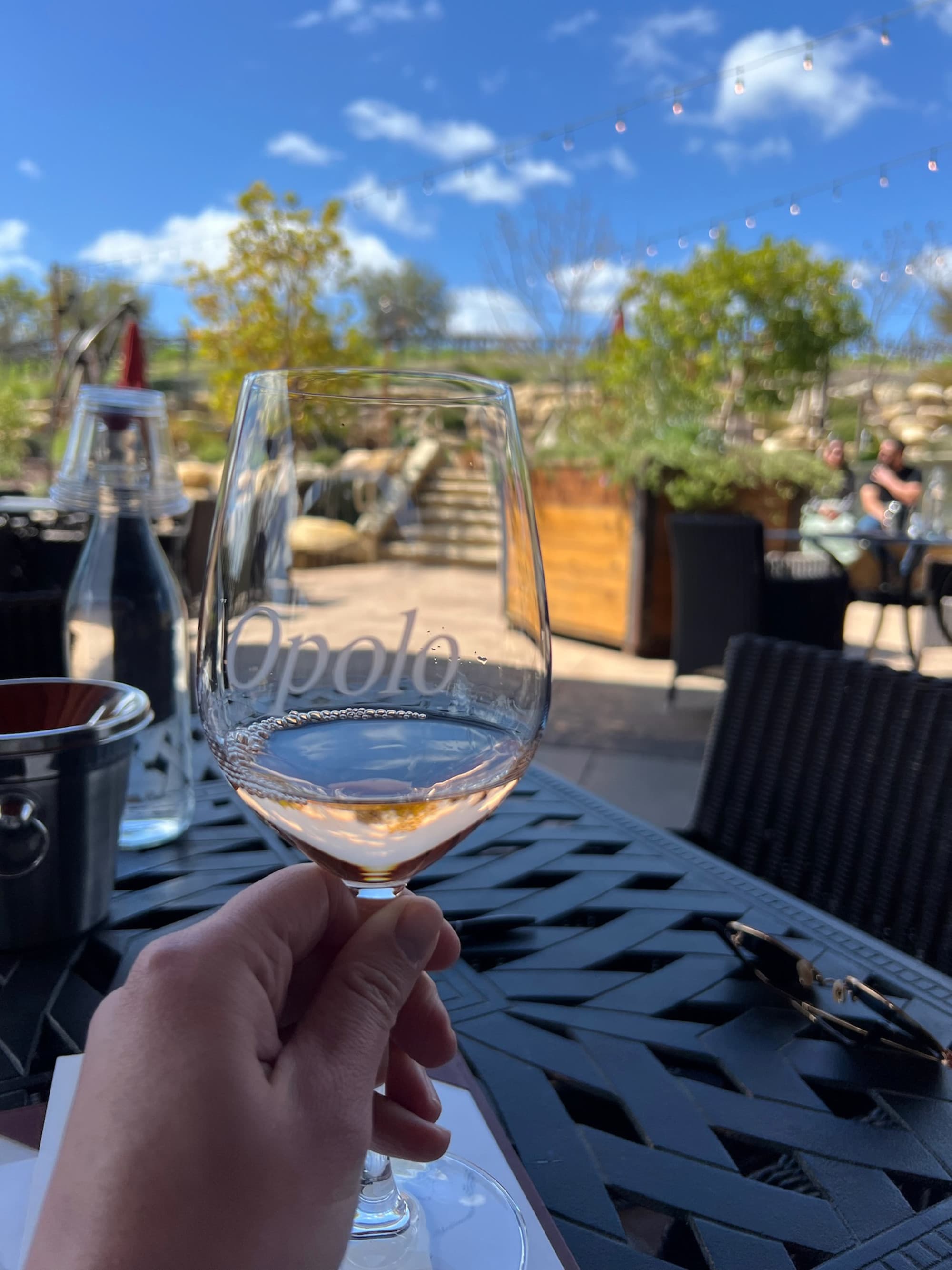 The image features a hand holding a wine glass with the “Opolo” logo, set against an outdoor winery backdrop.