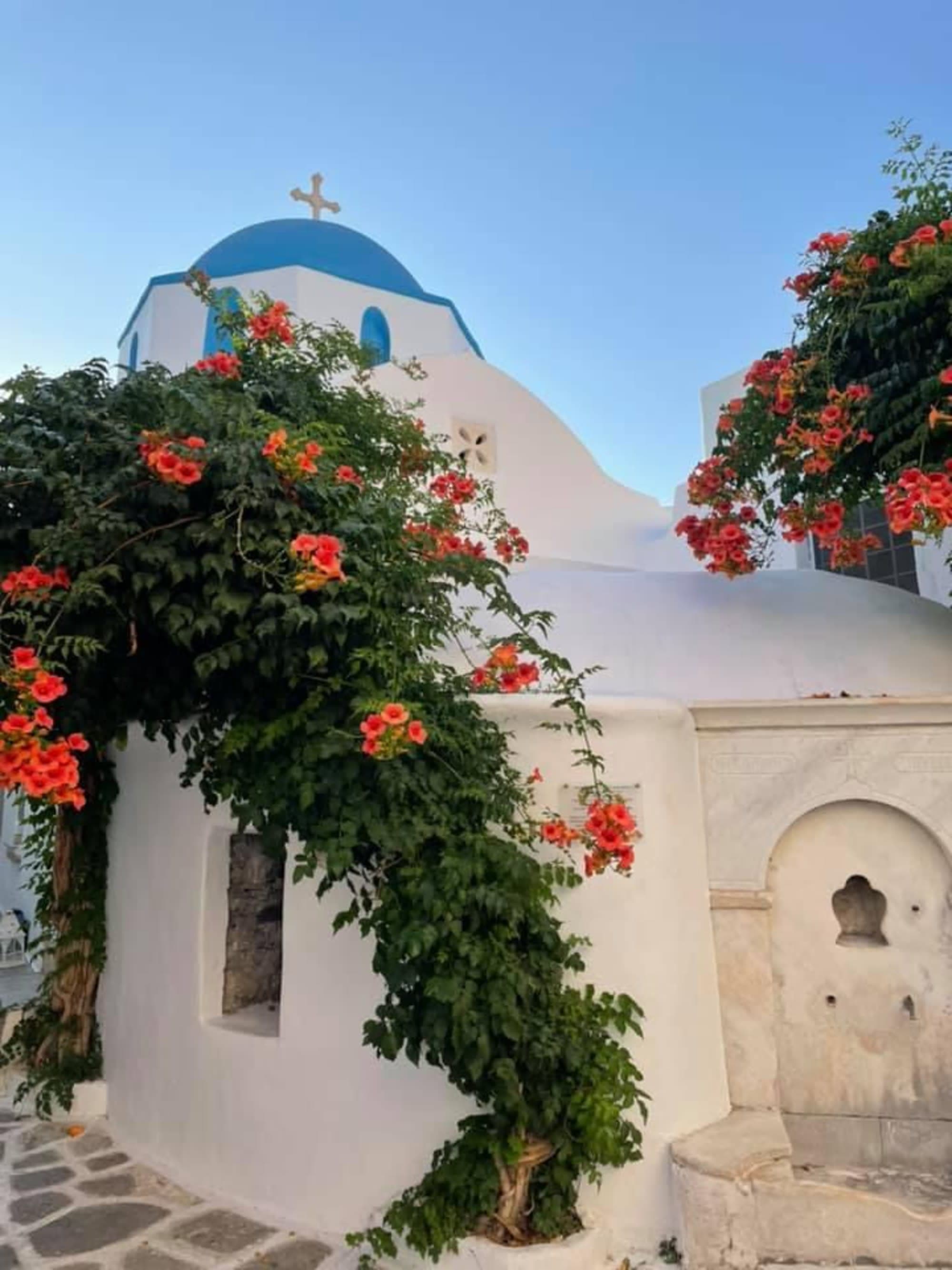 The image portrays a white building with a blue dome, adorned with red flowers and greenery, reflecting classic Greek architectural beauty.