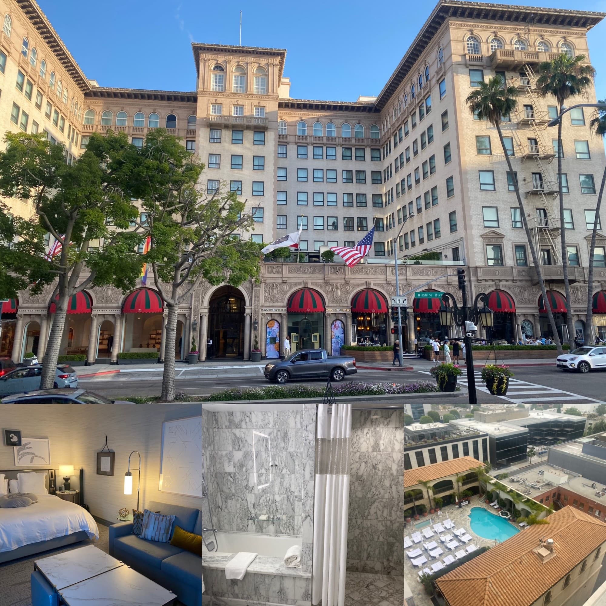 Street view of hotel adorned with classic details and palm trees on a clear day.