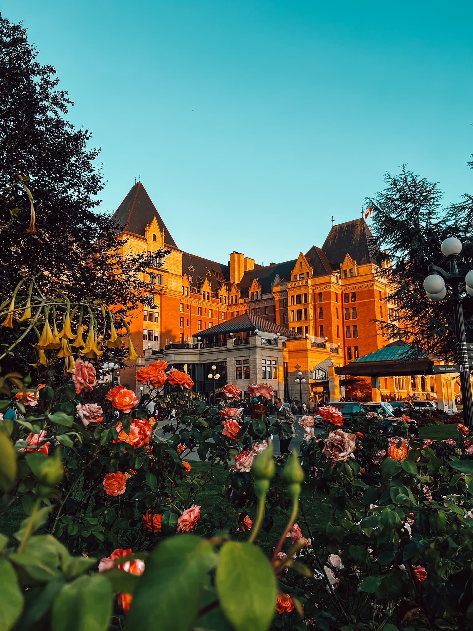 Empress Hotel lights up the night sky as dusk descends.