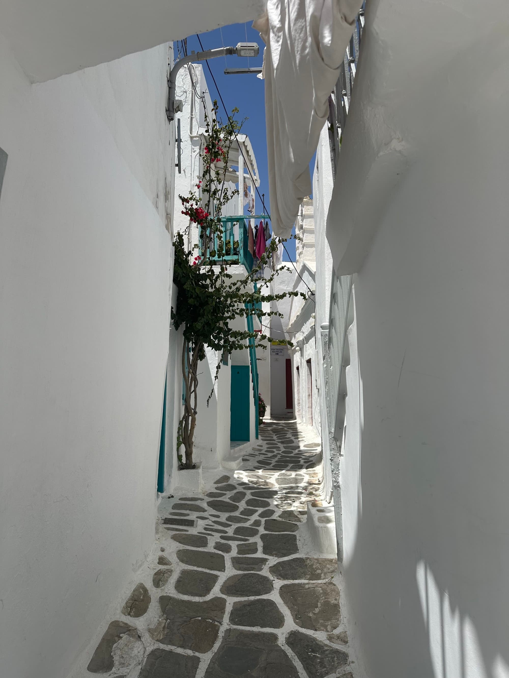 A cobbled street winds around doorways with white-washed walls converging overhead on a sunny day.