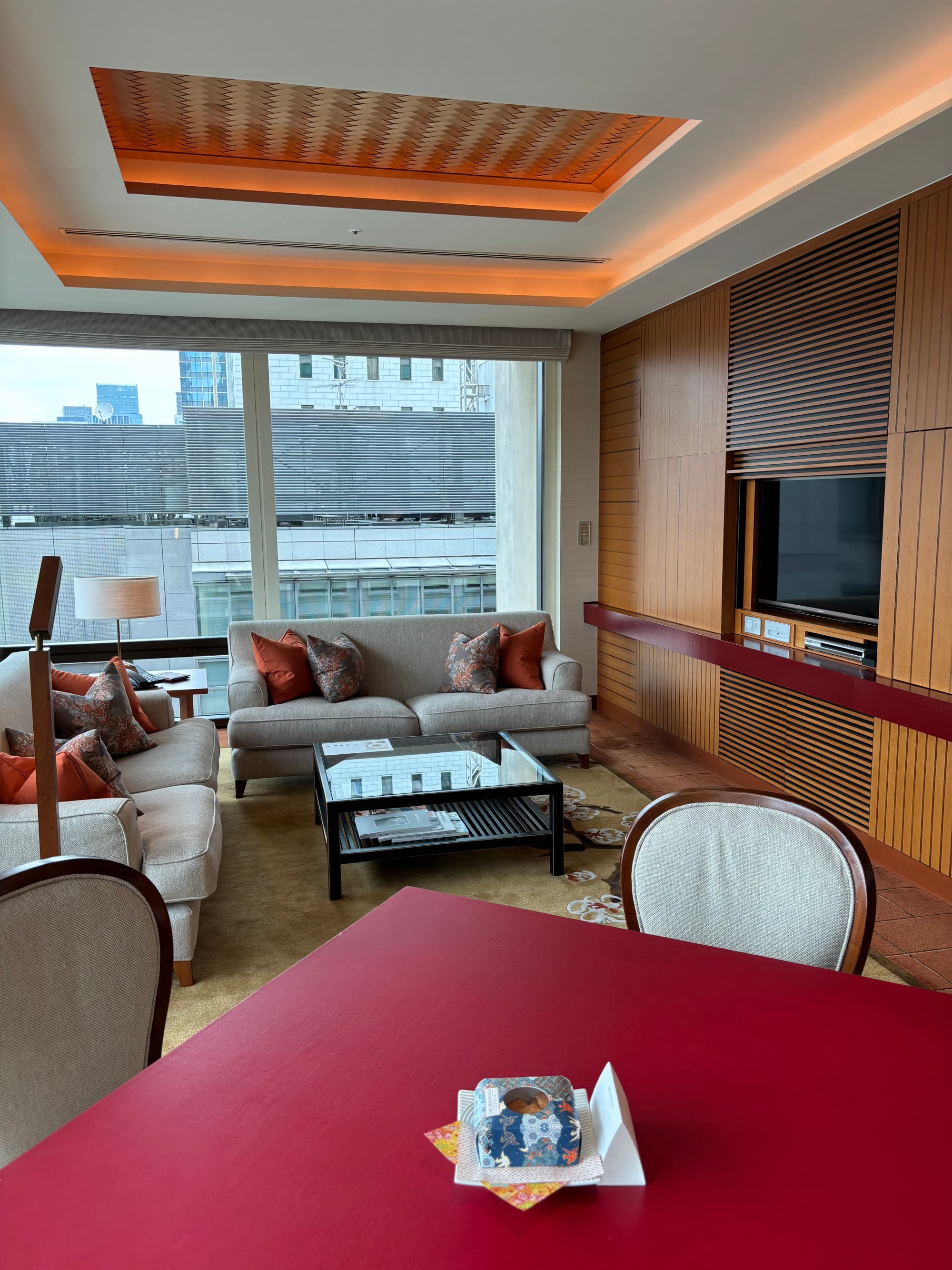 A seating area in a hotel room