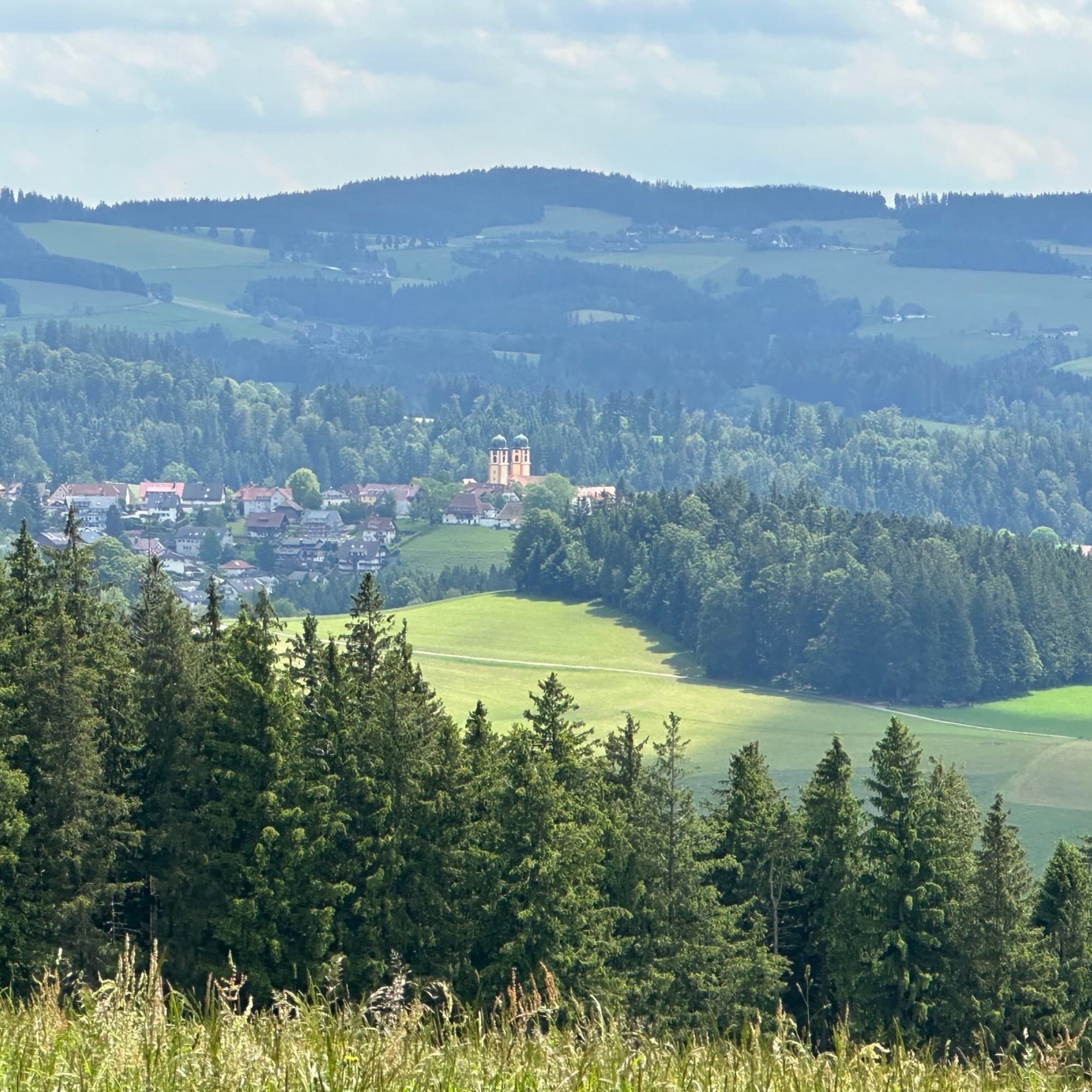 A serene village with a church tower, nestled in lush greenery against a backdrop of rolling hills and a cloudy sky.