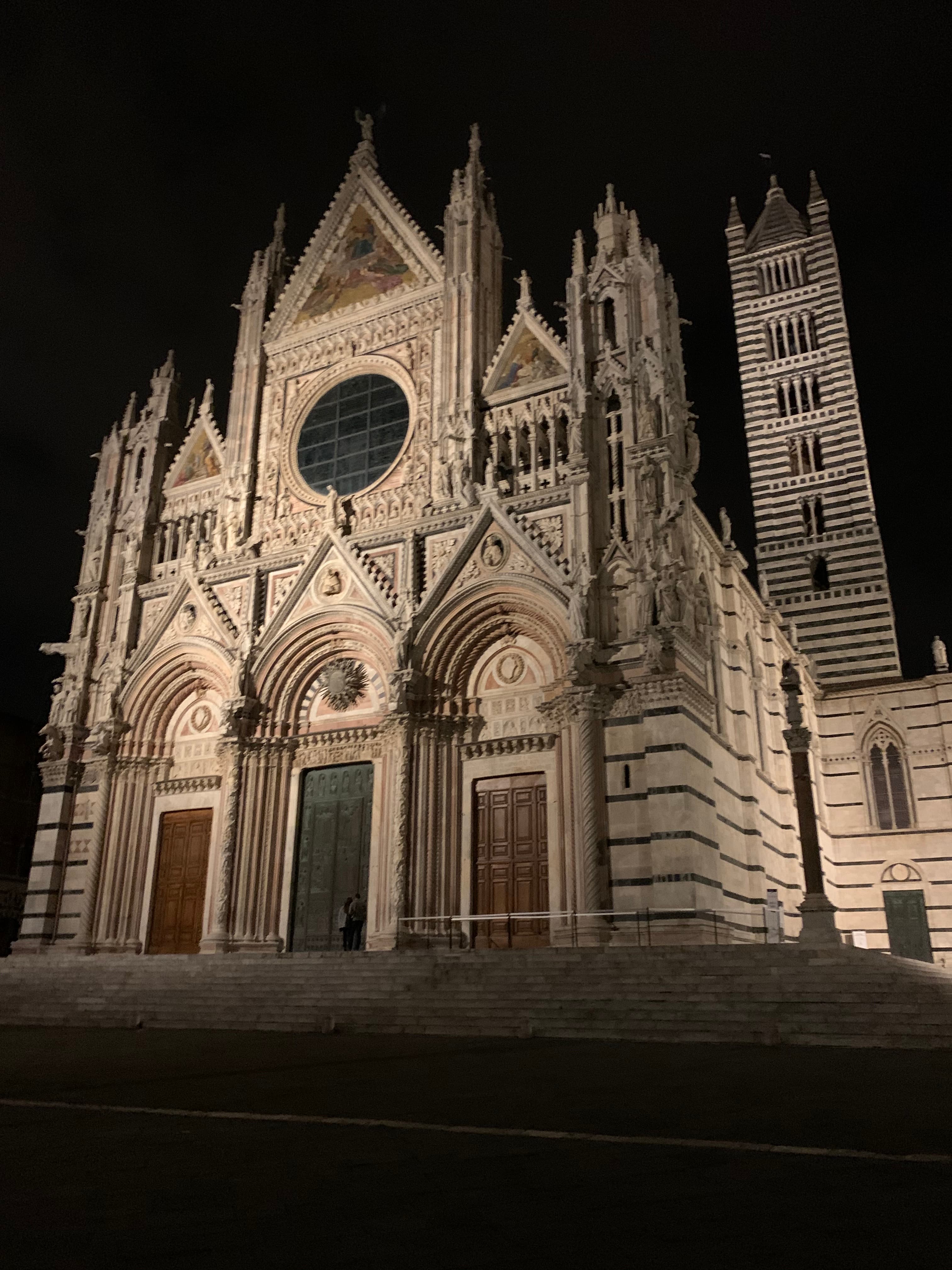 The image depicts a grand cathedral at night, showcasing its gothic architecture through dramatic illumination.