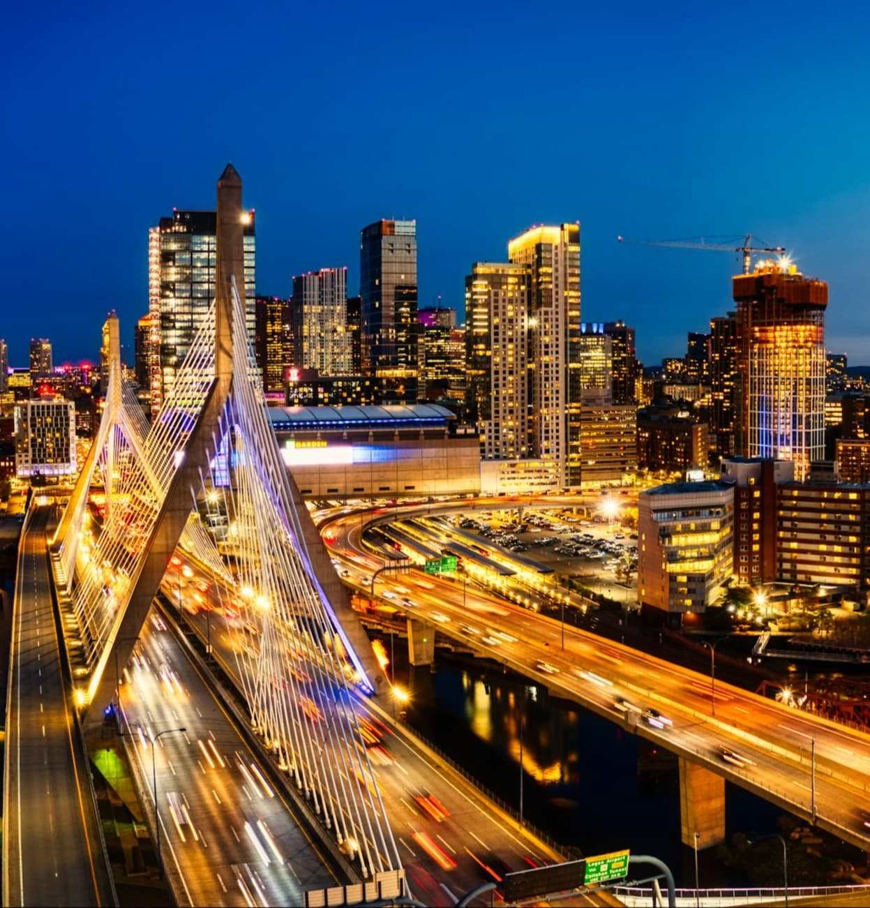 Buildings in Boston at night time.