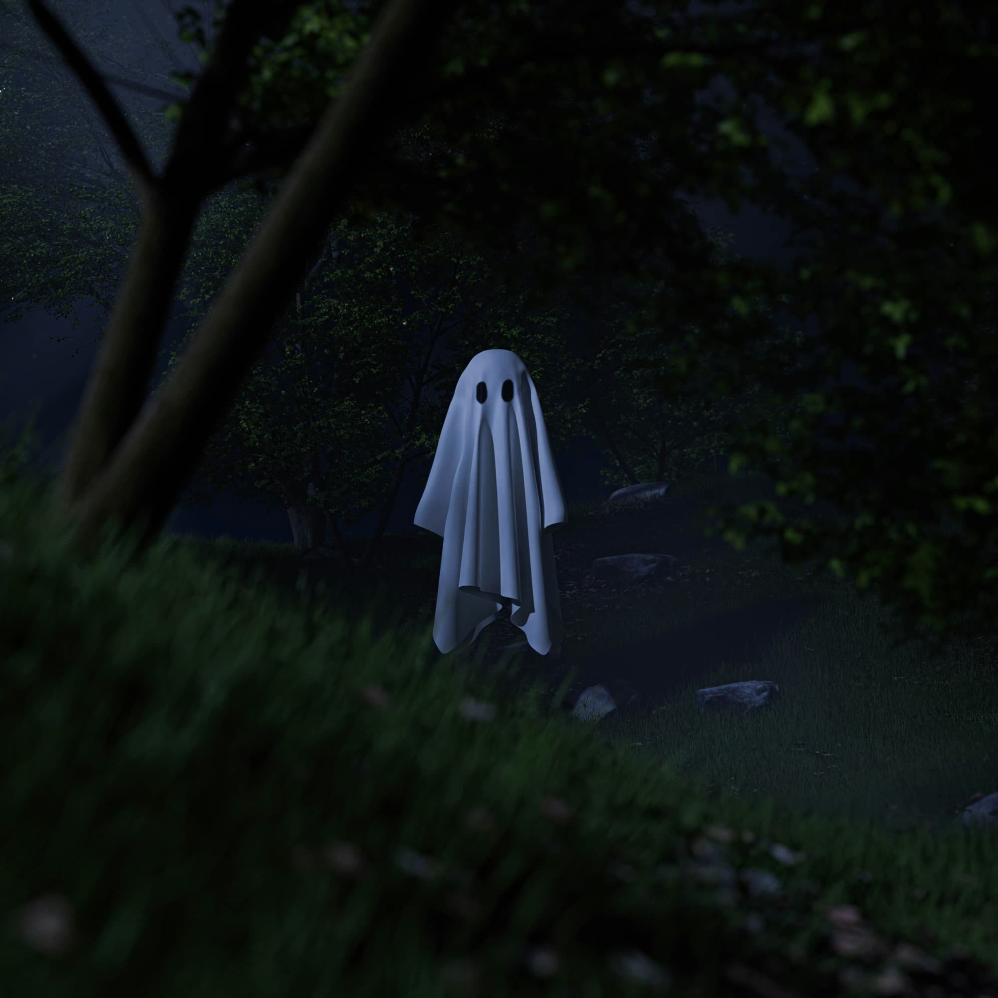 A ghost figure shrouded in white amidst a shadowy forest, evoking a sense of mystery and unease.