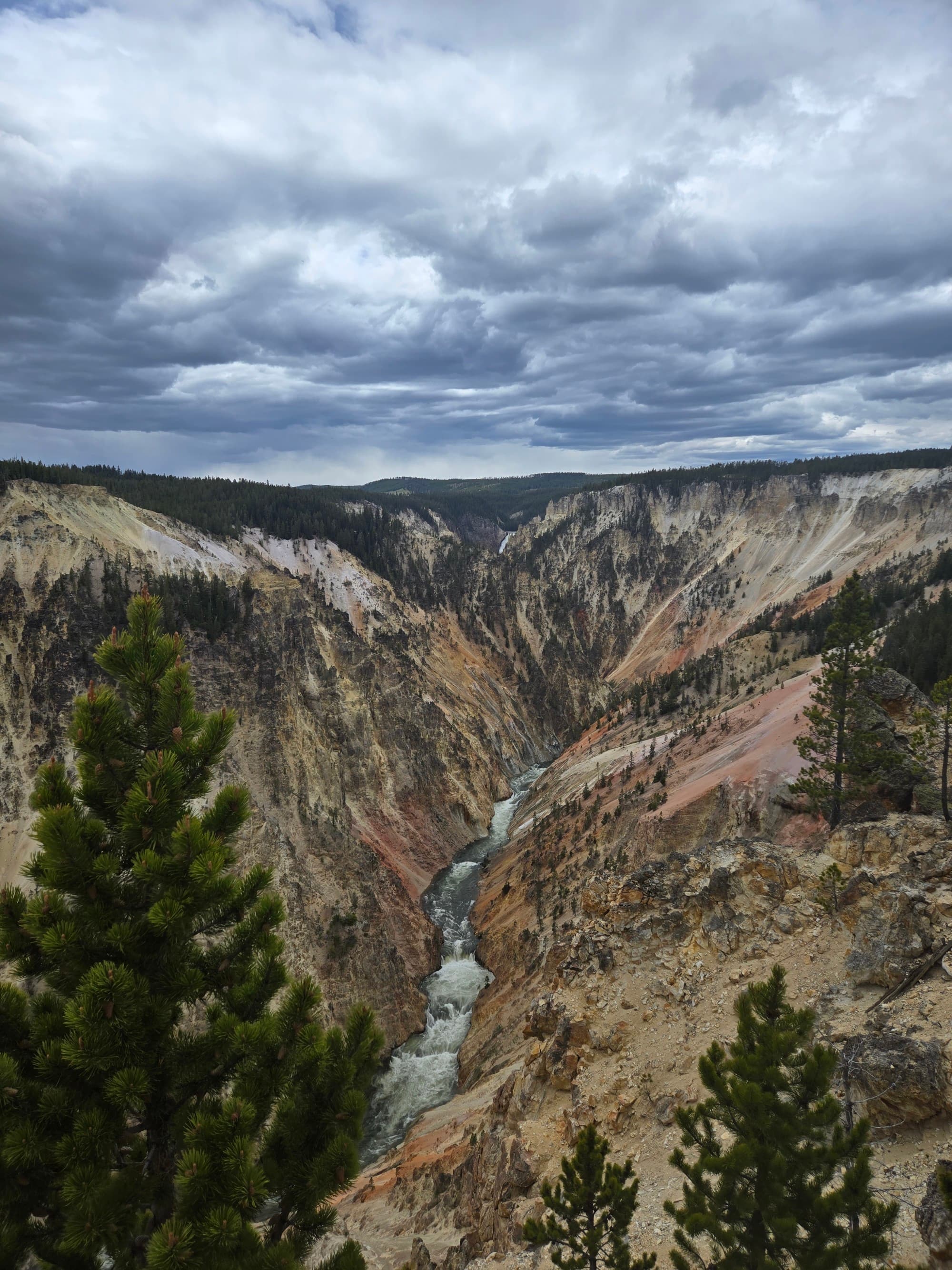 The image captures a river slicing through a canyon, flanked by steep cliffs and lush foliage under a vast, cloudy sky.