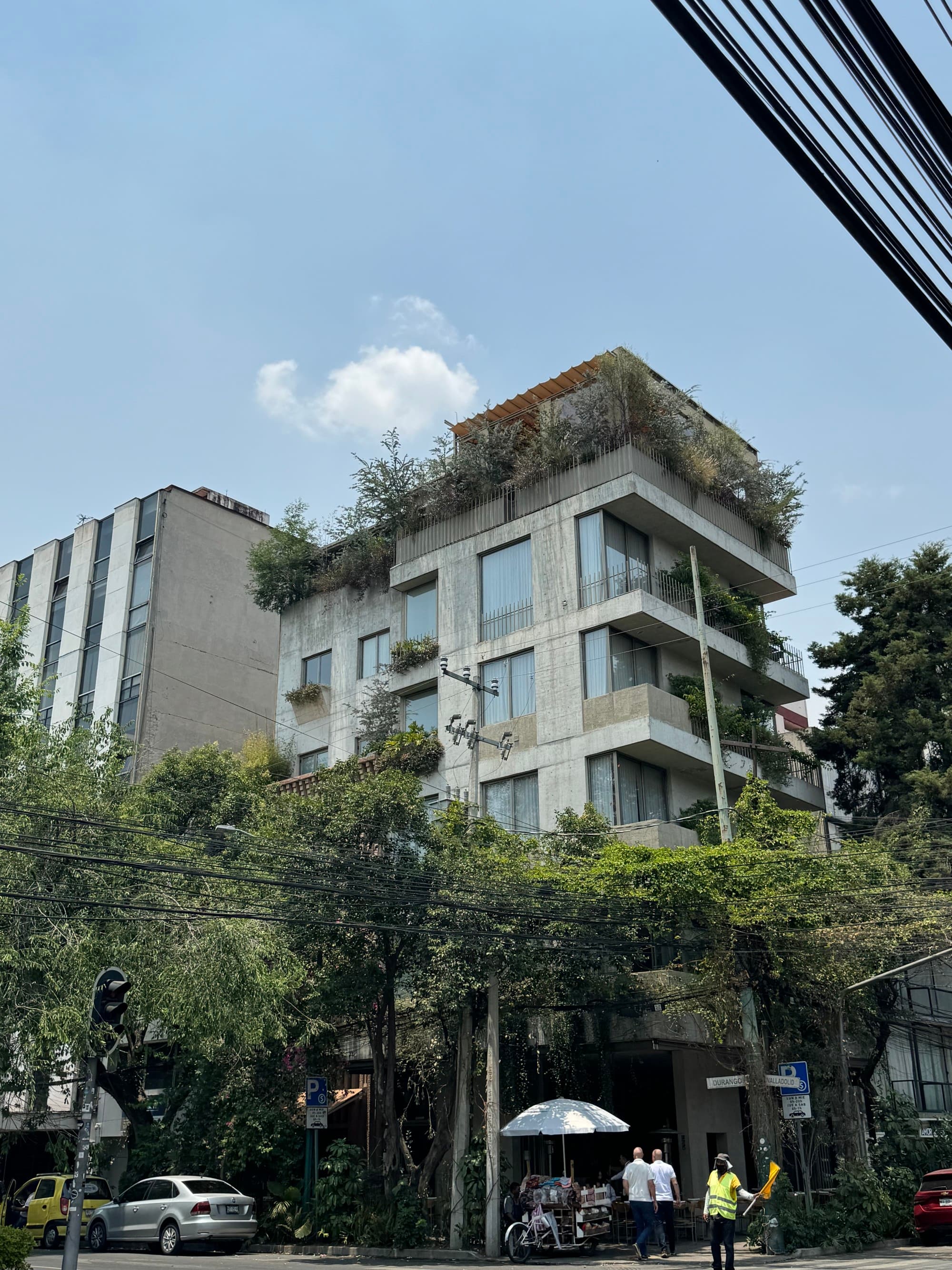 Building on a pretty street corner of city with greenery.