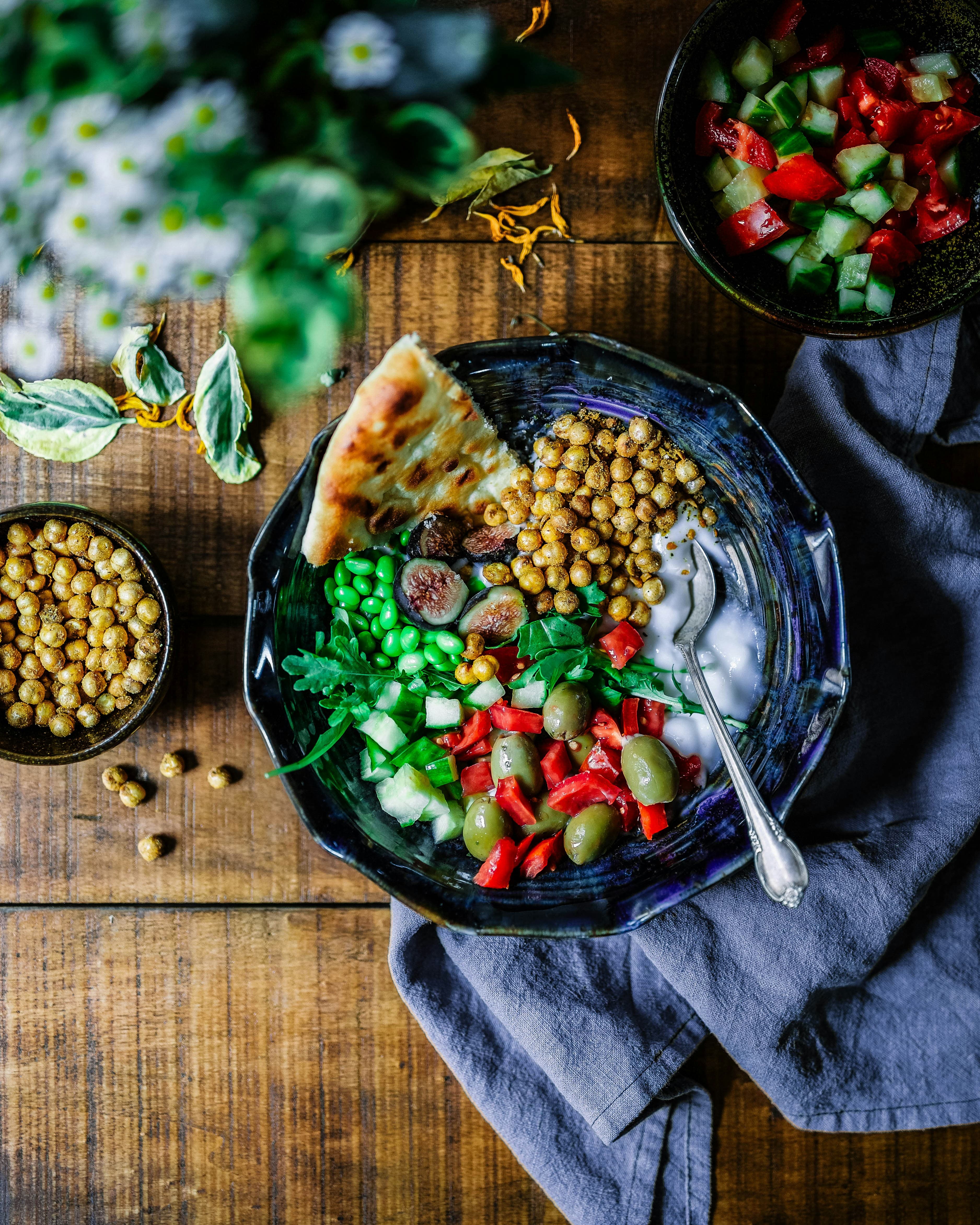 An aerial view of a colorful plate of traditional Moroccan food