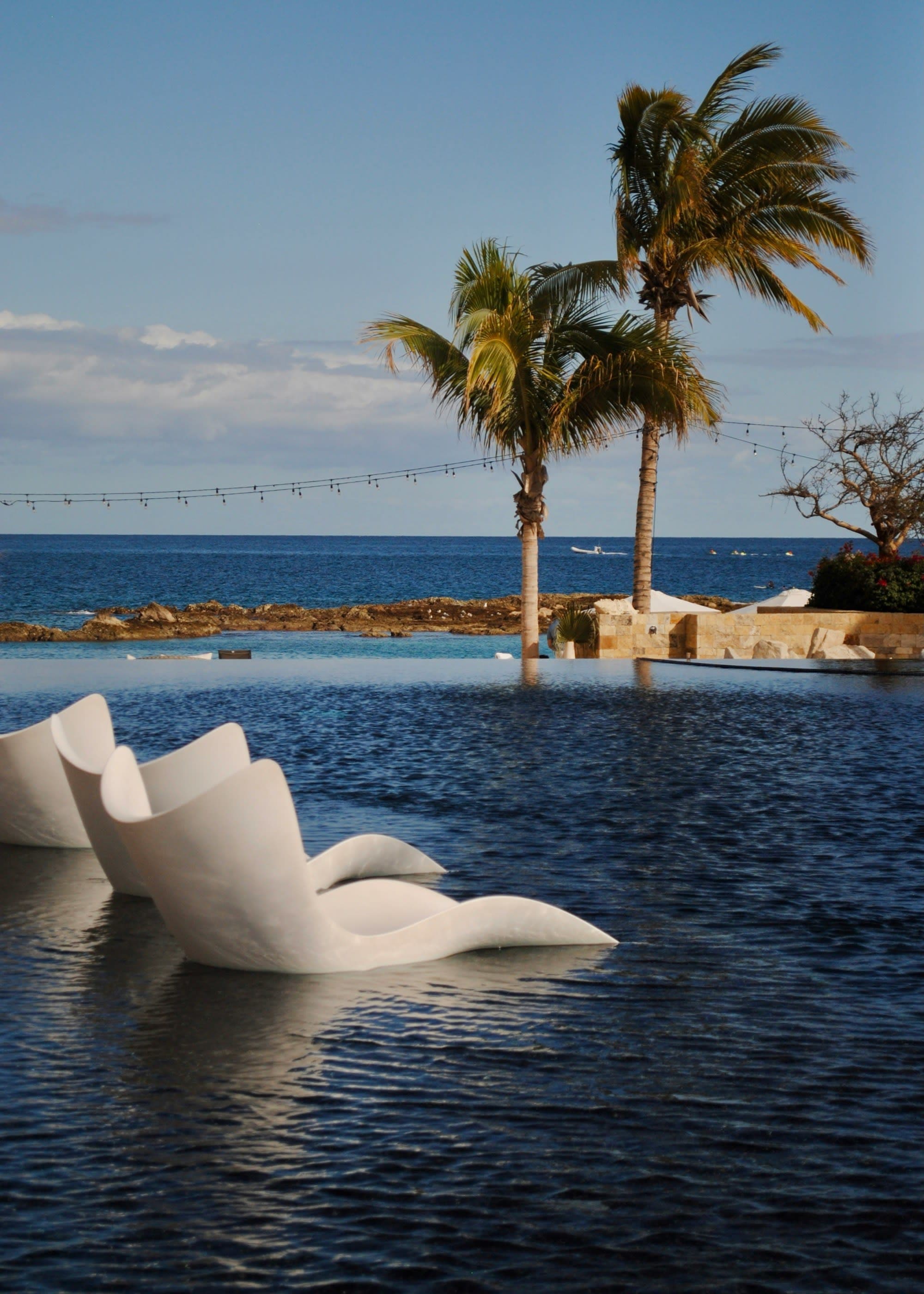 An infinity pool with built-in stone chairs, flanked by palm trees under a clear blue sky and overlooking the ocean, during the best time to go to Cabo.