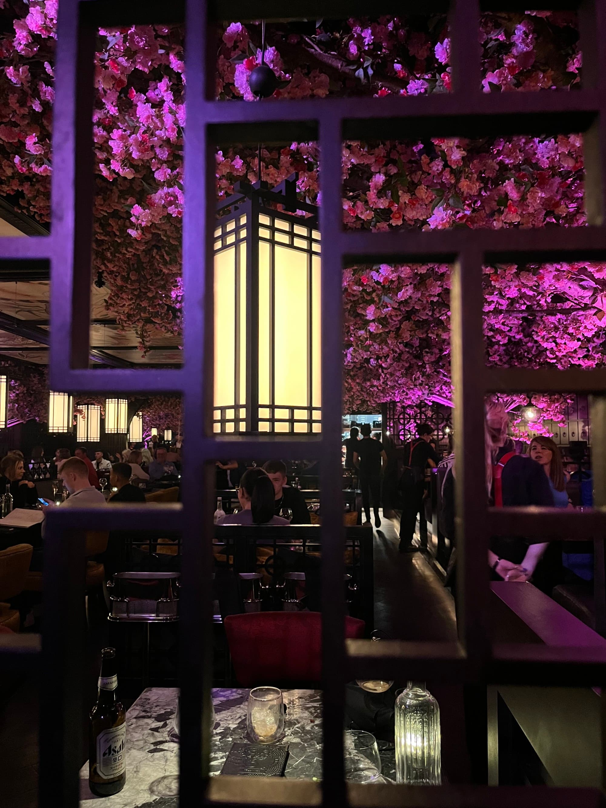 The image depicts a stylish indoor setting with ambient lighting and floral decorations, viewed through a geometric partition.