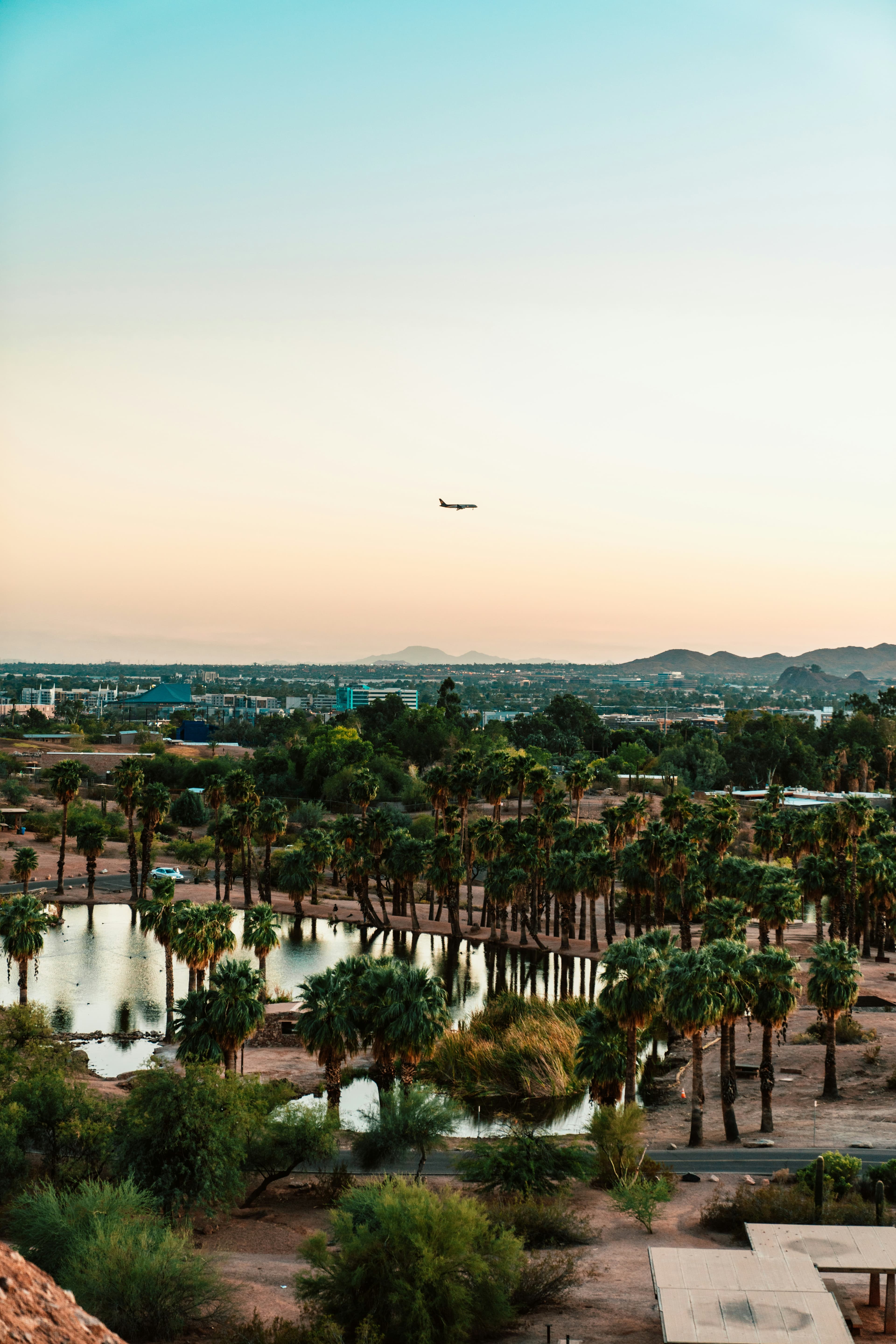 A beautiful view of Scottsdale on a sunny day with an airplane in the distance.