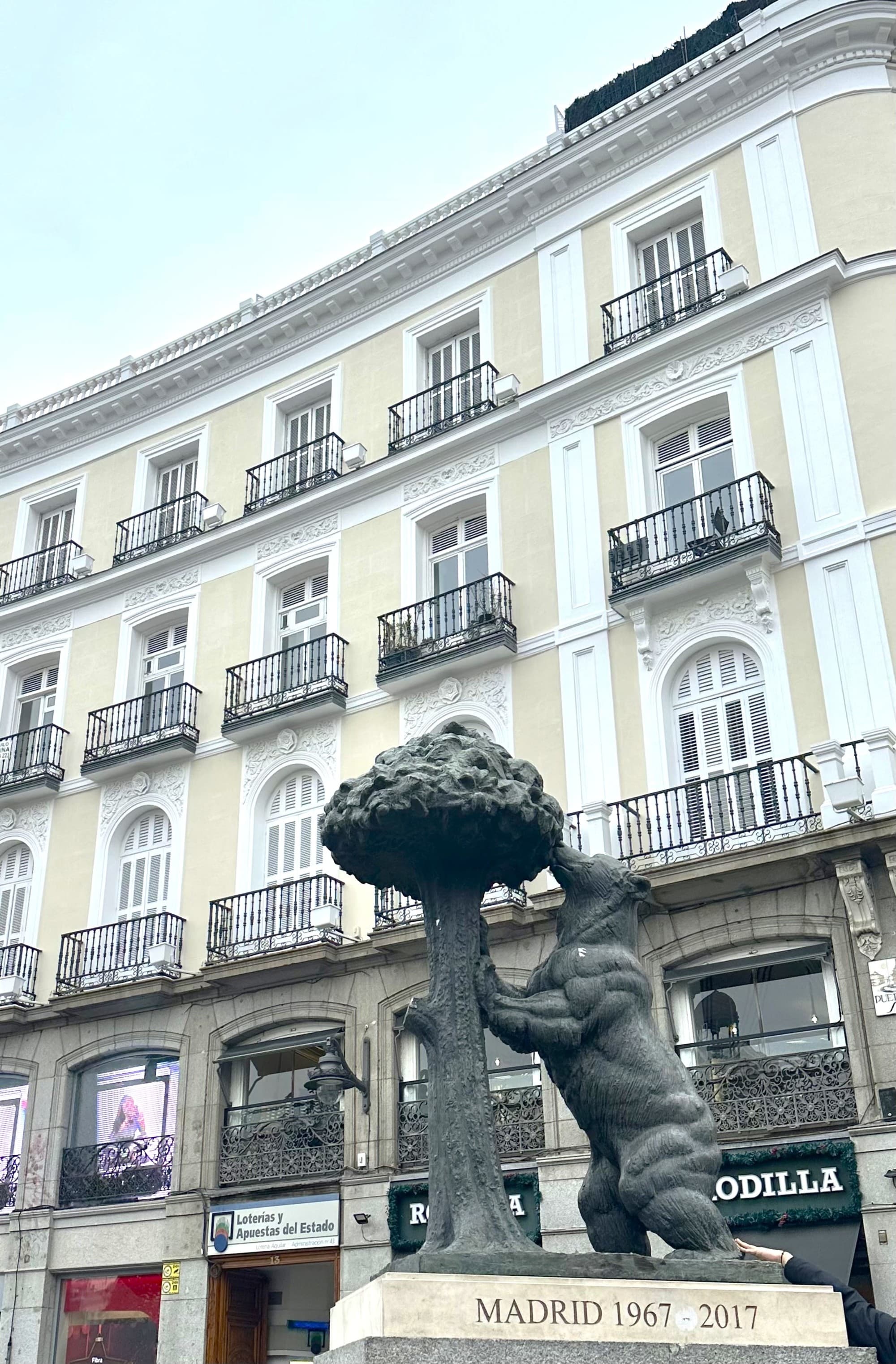 A poignant depiction of a bear reaching for a strawberry tree, set before a classic building with commercial undertones in Madrid.