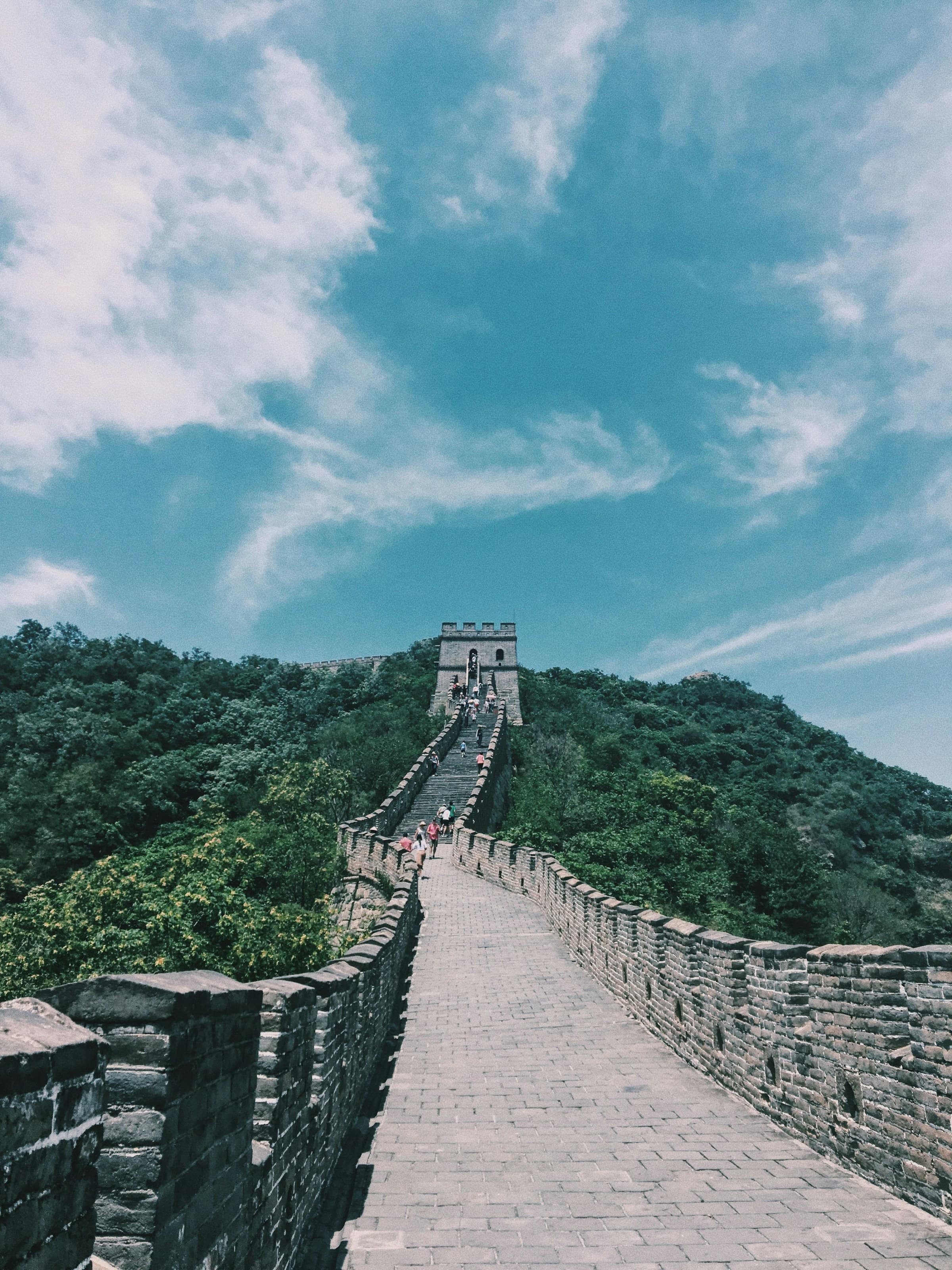 View of The Great Wall of China under the blue sky.