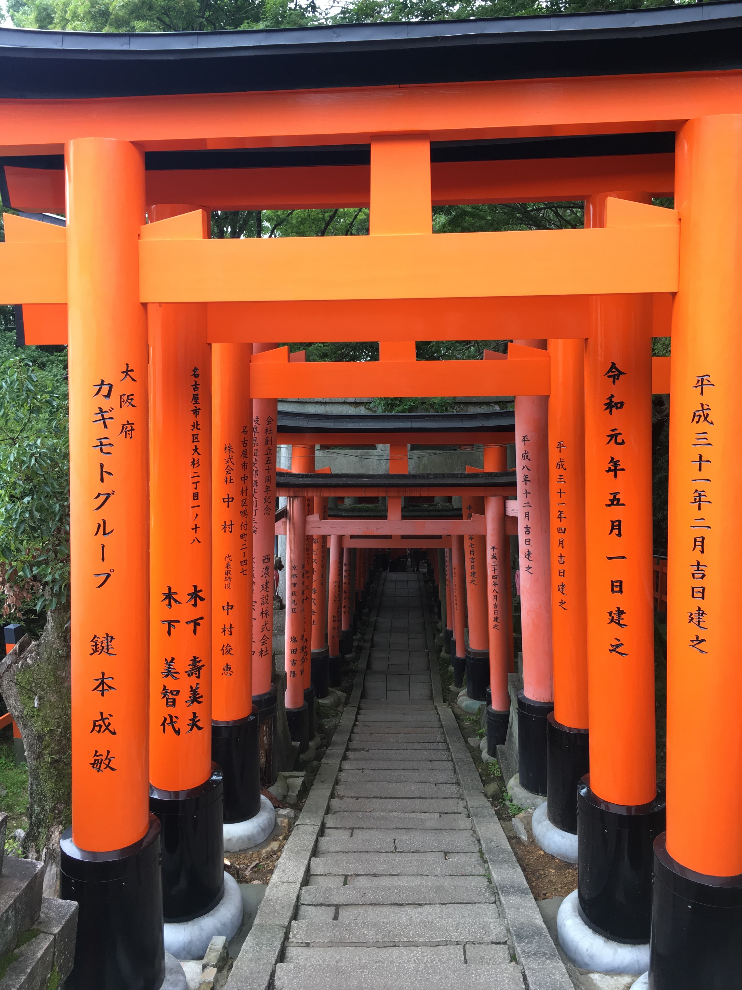 The pathway to the Inari shrine, lined with orange Torii pillars, and Japanese writing.